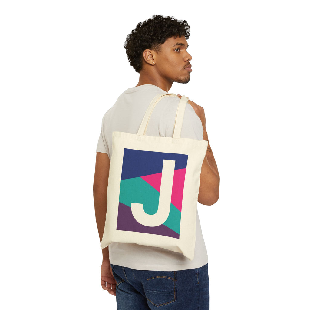 Initial J Colorblock Canvas Tote Bag — Monogram Letter J Reusable Grocery Tote
