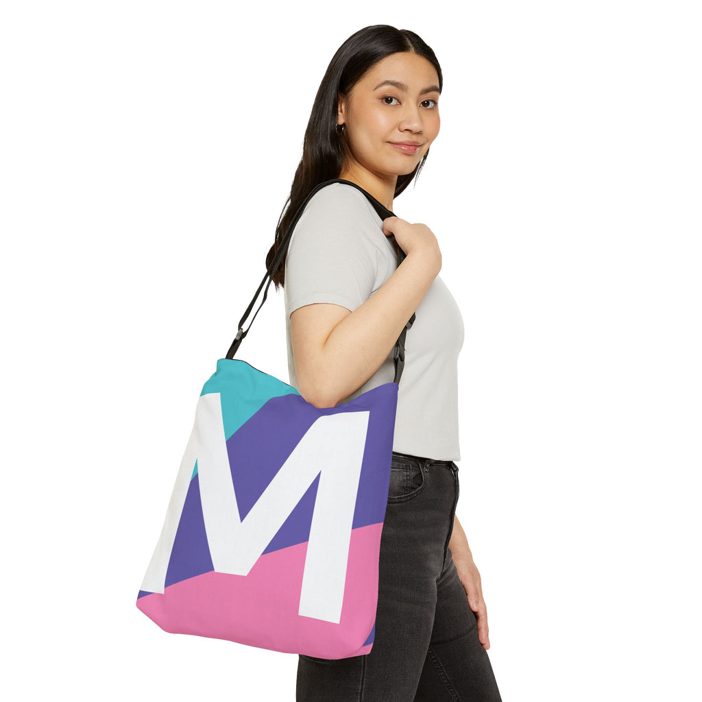 Initial Letter 'M' Colorblock Adjustable Tote Bag — Monogram Alphabet Shoulder Bag