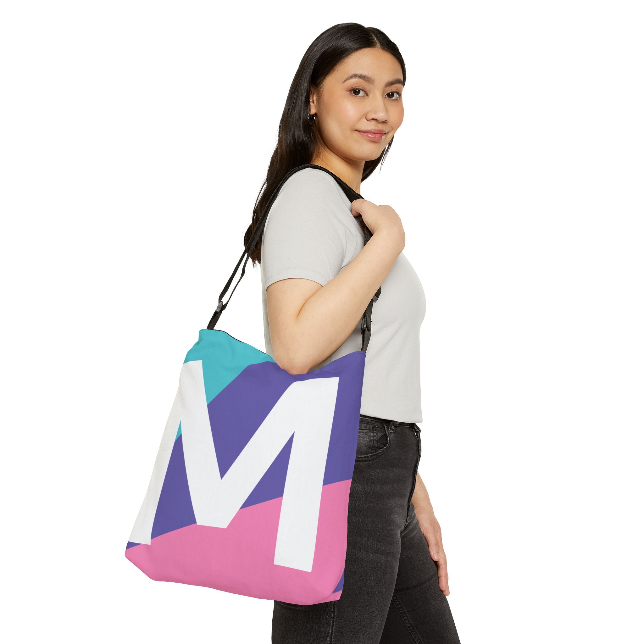 Initial Letter 'M' Colorblock Adjustable Tote Bag — Monogram Alphabet Shoulder Bag