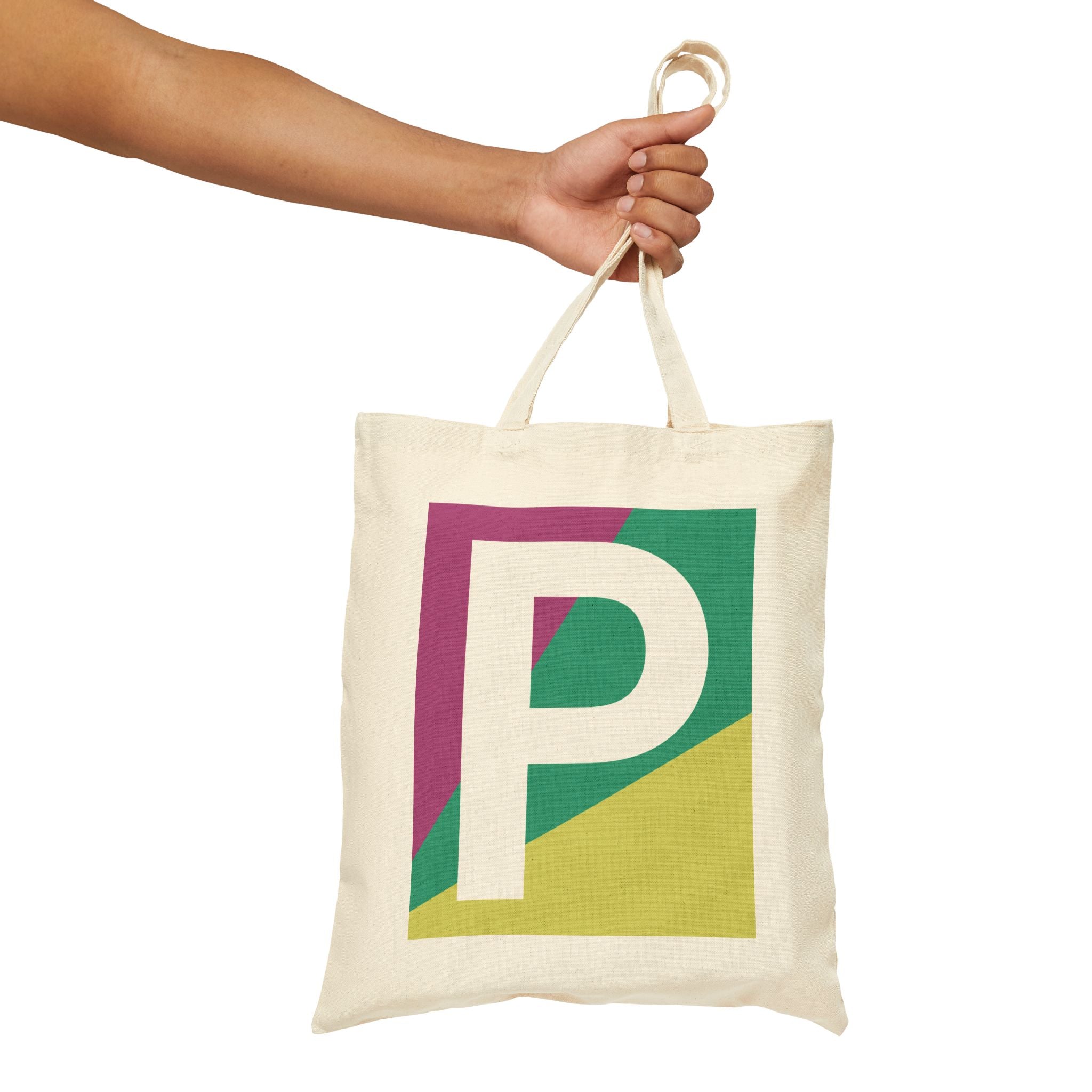 Initial P Colorblock Canvas Tote Bag — Monogram Letter P Reusable Grocery Tote