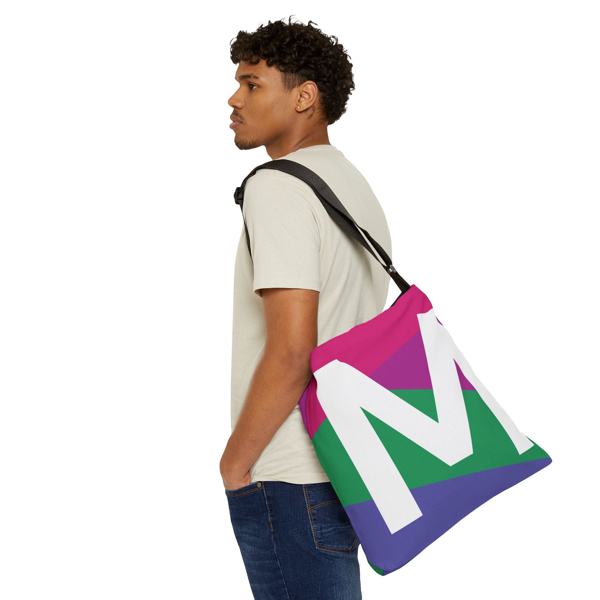 Initial Letter 'M' Colorblock Adjustable Tote Bag — Monogram Alphabet Shoulder Bag