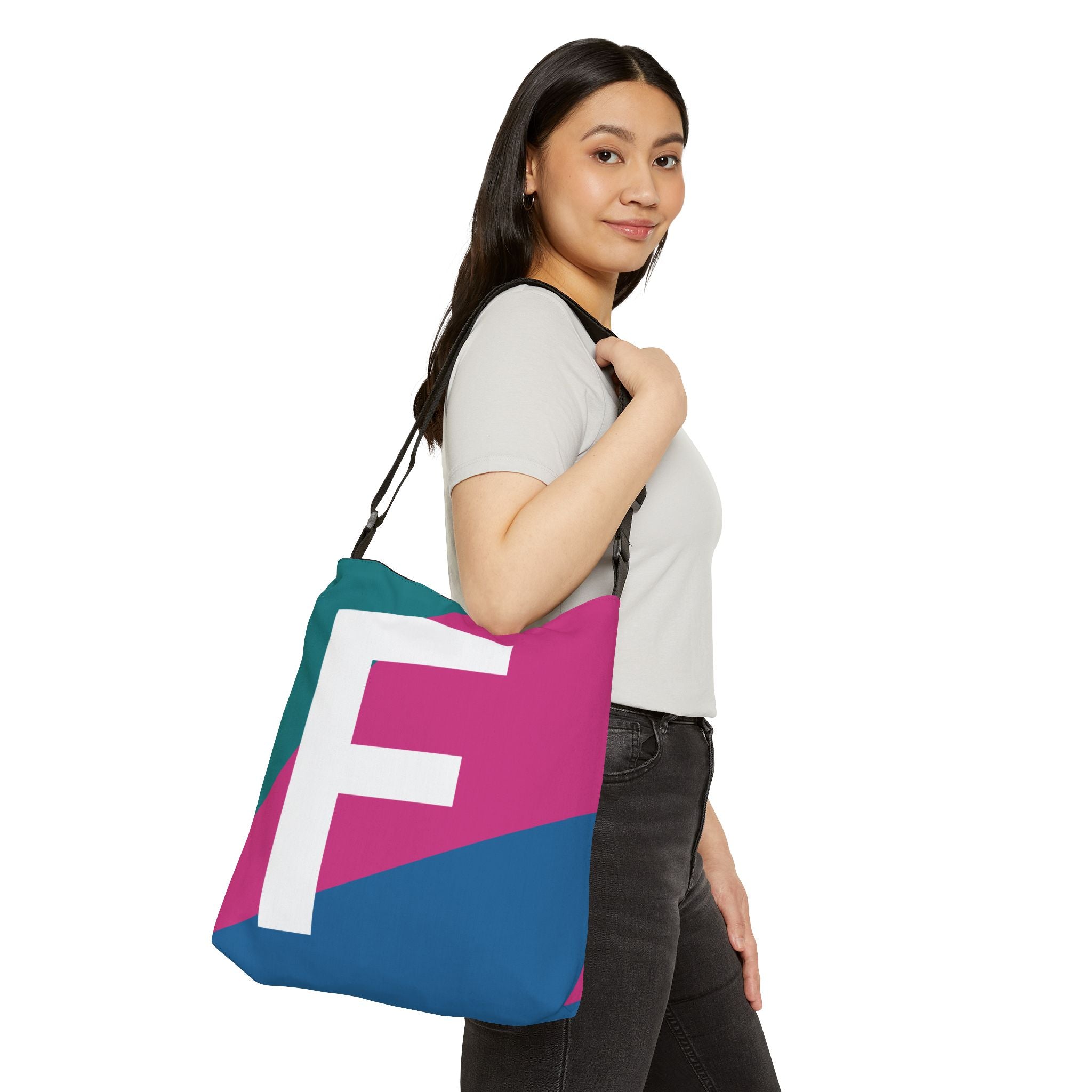 Initial Letter 'F' Colorblock Adjustable Tote Bag — Monogram Alphabet Shoulder Bag
