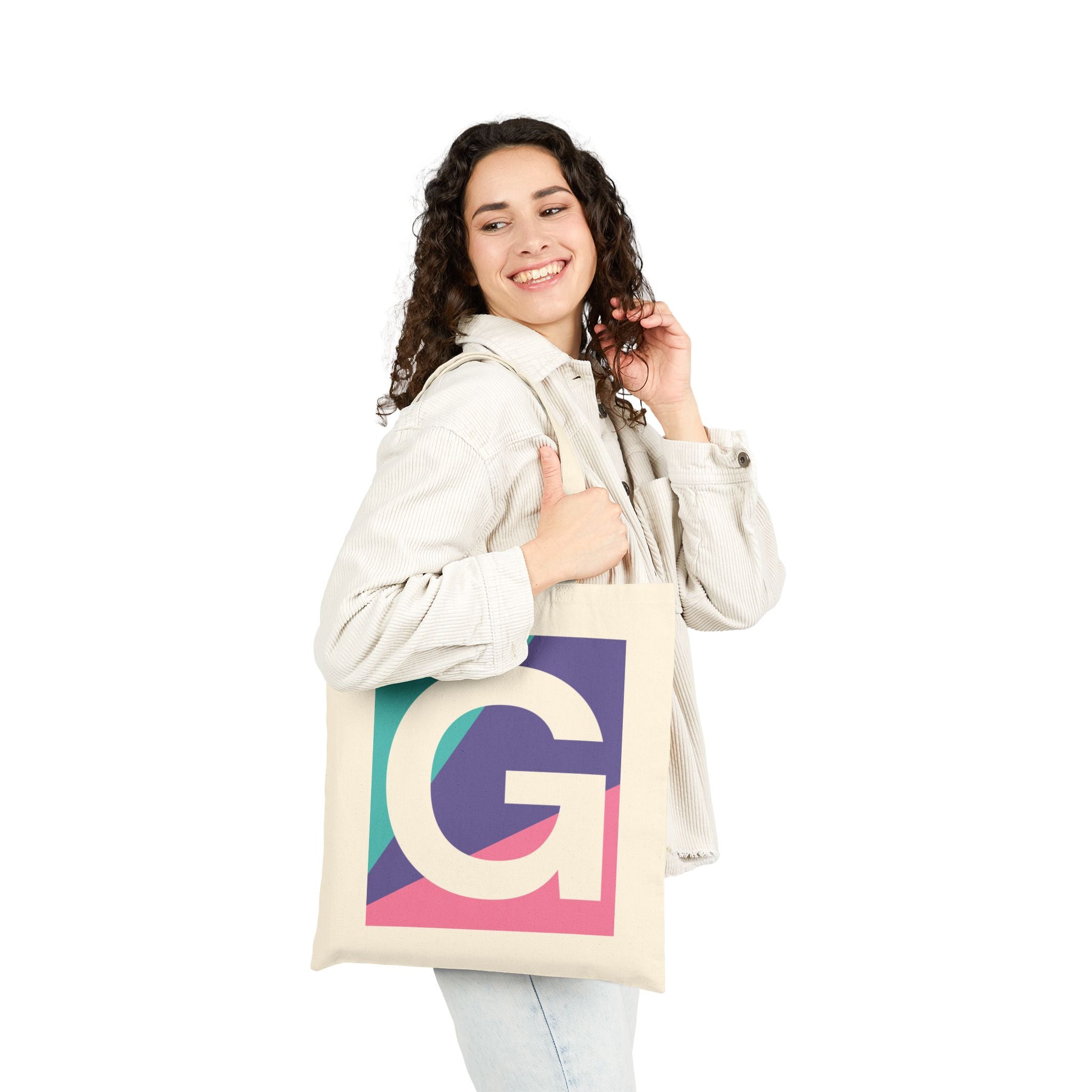 Initial G Colorblock Canvas Tote Bag — Monogram Letter G Reusable Grocery Tote