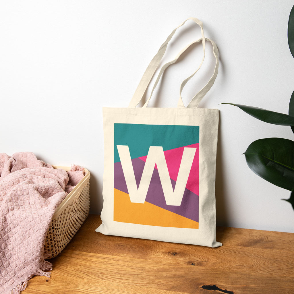 Initial W Colorblock Canvas Tote Bag — Monogram Letter W Reusable Grocery Tote