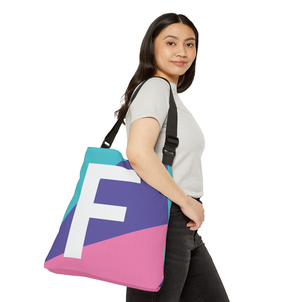 Initial Letter 'F' Colorblock Adjustable Tote Bag — Monogram Alphabet Shoulder Bag