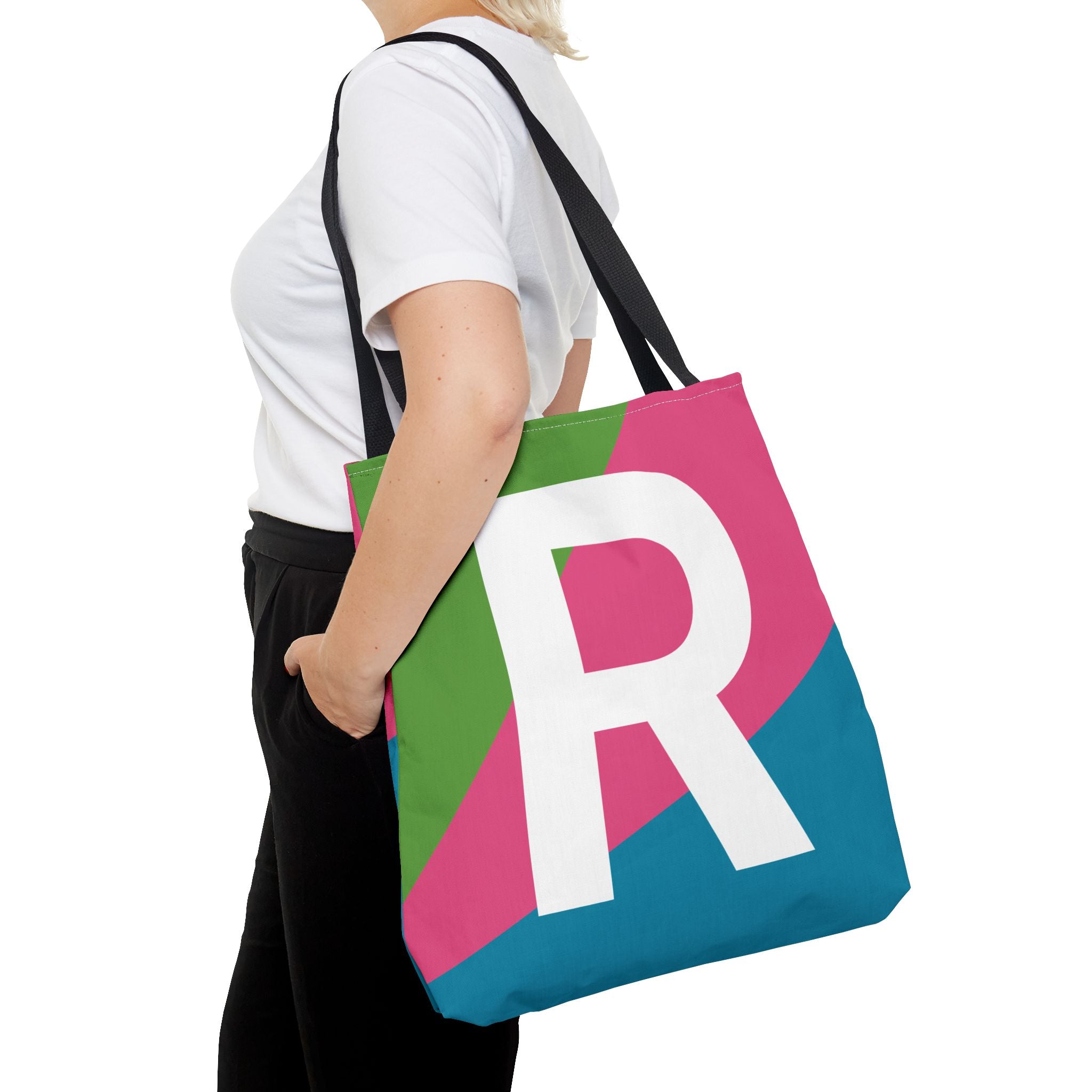 Monogram 'R' Colorblock Tote Bag — Personalized Initial R Shoulder Tote