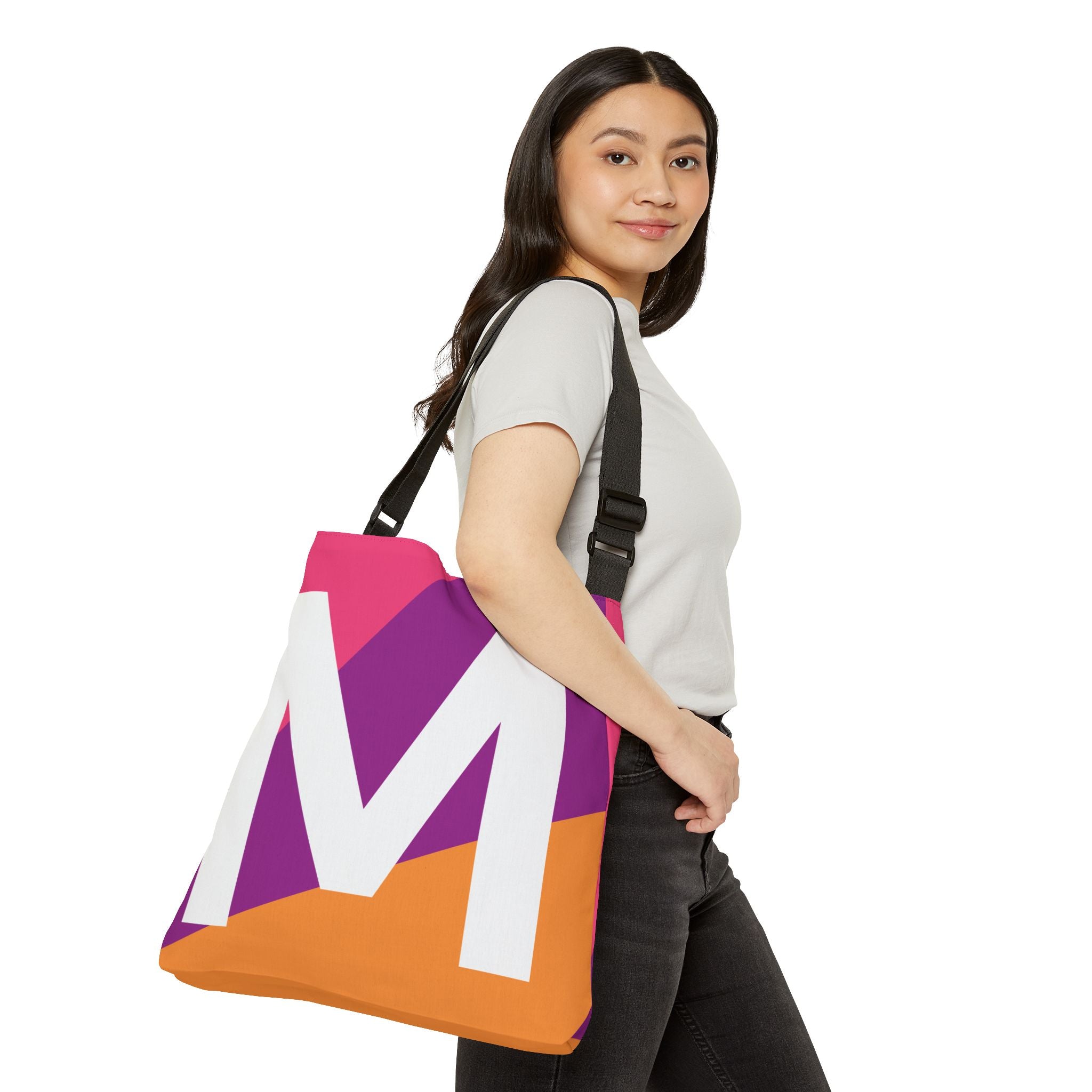 Initial Letter 'M' Colorblock Adjustable Tote Bag — Monogram Alphabet Shoulder Bag