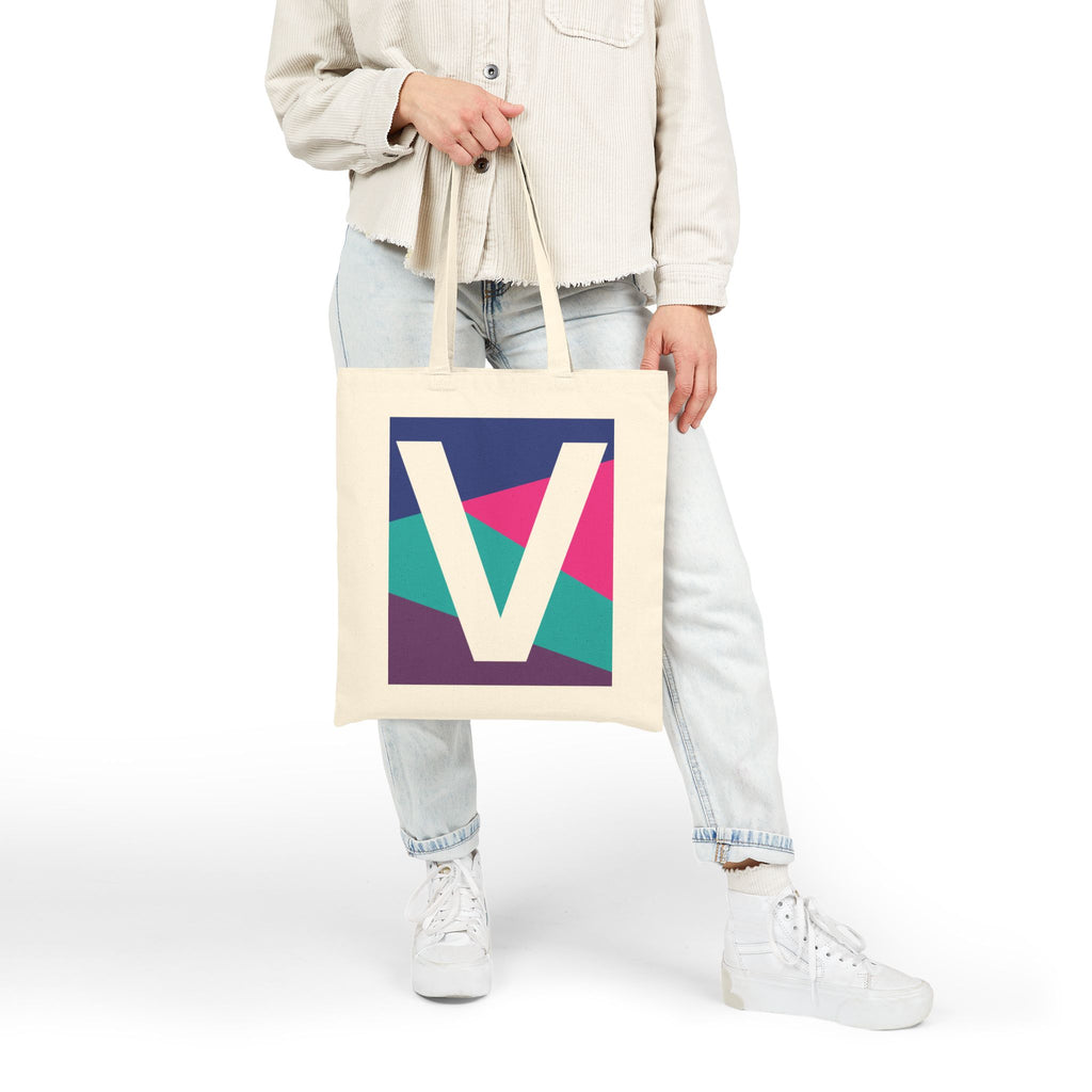 Initial V Colorblock Canvas Tote Bag — Monogram Letter V Reusable Grocery Tote