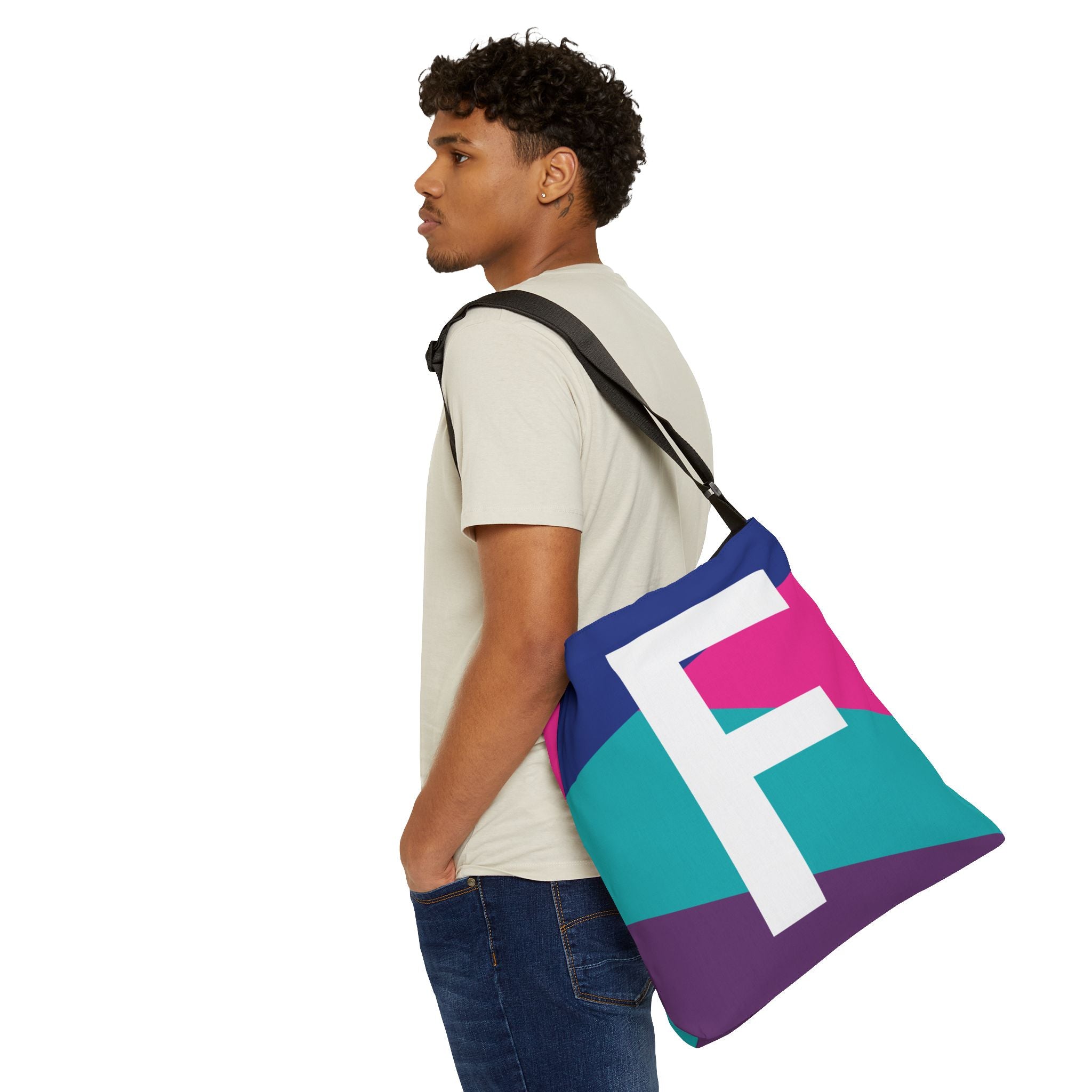 Initial Letter 'F' Colorblock Adjustable Tote Bag — Monogram Alphabet Shoulder Bag