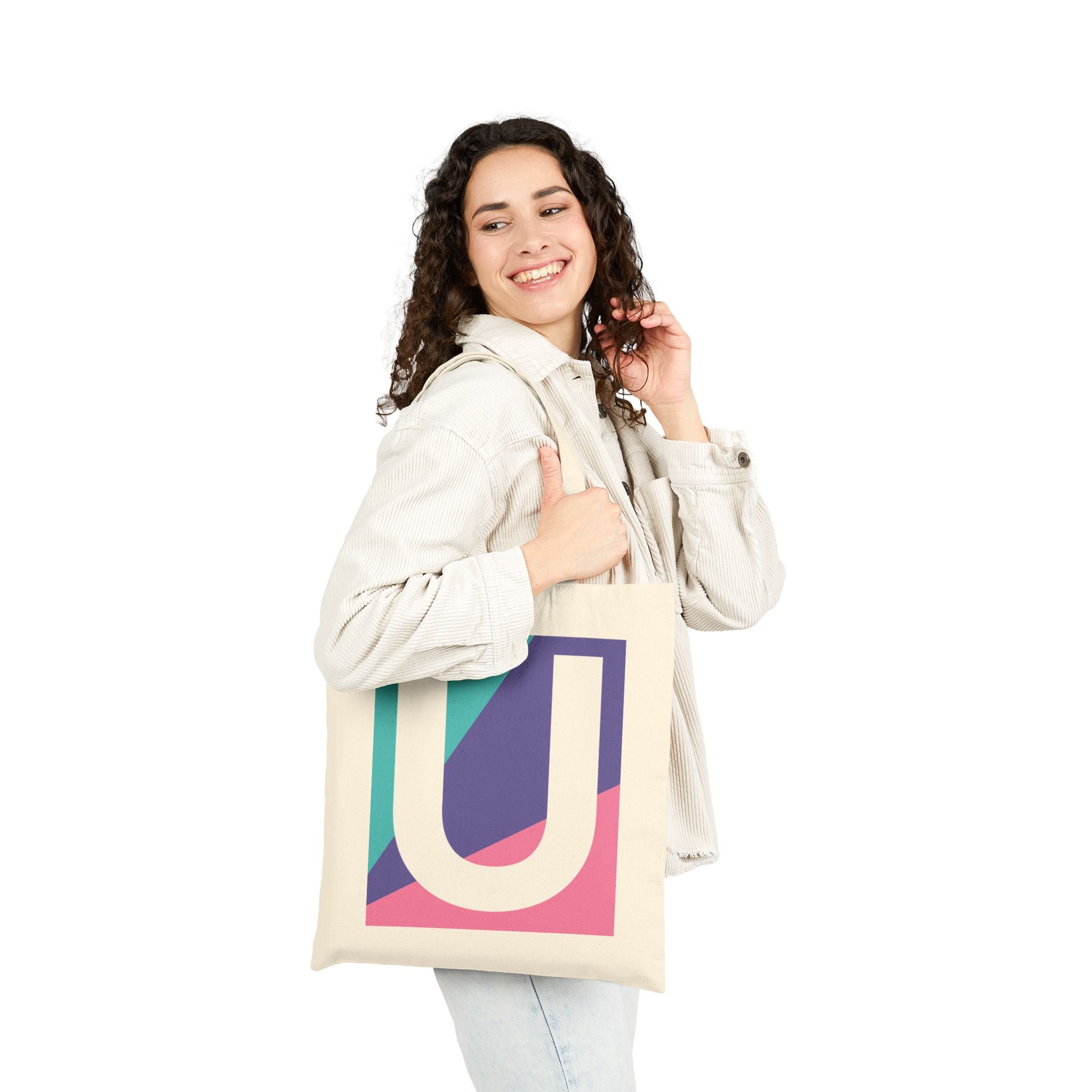 Initial U Colorblock Canvas Tote Bag — Monogram Letter U Reusable Grocery Tote