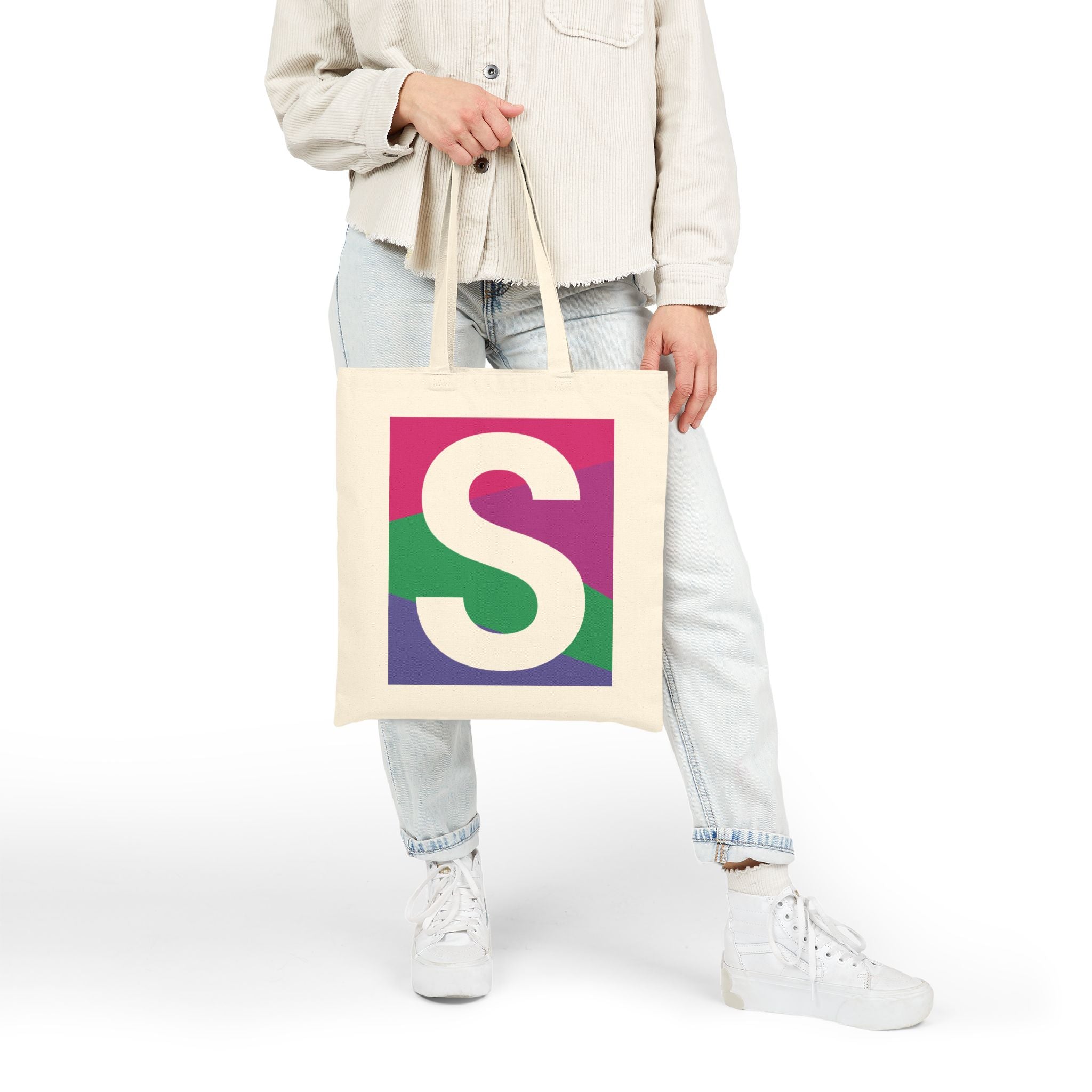 Initial S Colorblock Canvas Tote Bag — Monogram Letter S Reusable Grocery Tote
