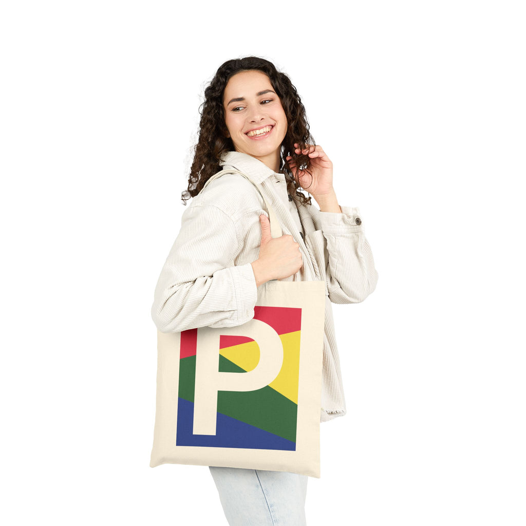 Initial P Colorblock Canvas Tote Bag — Monogram Letter P Reusable Grocery Tote