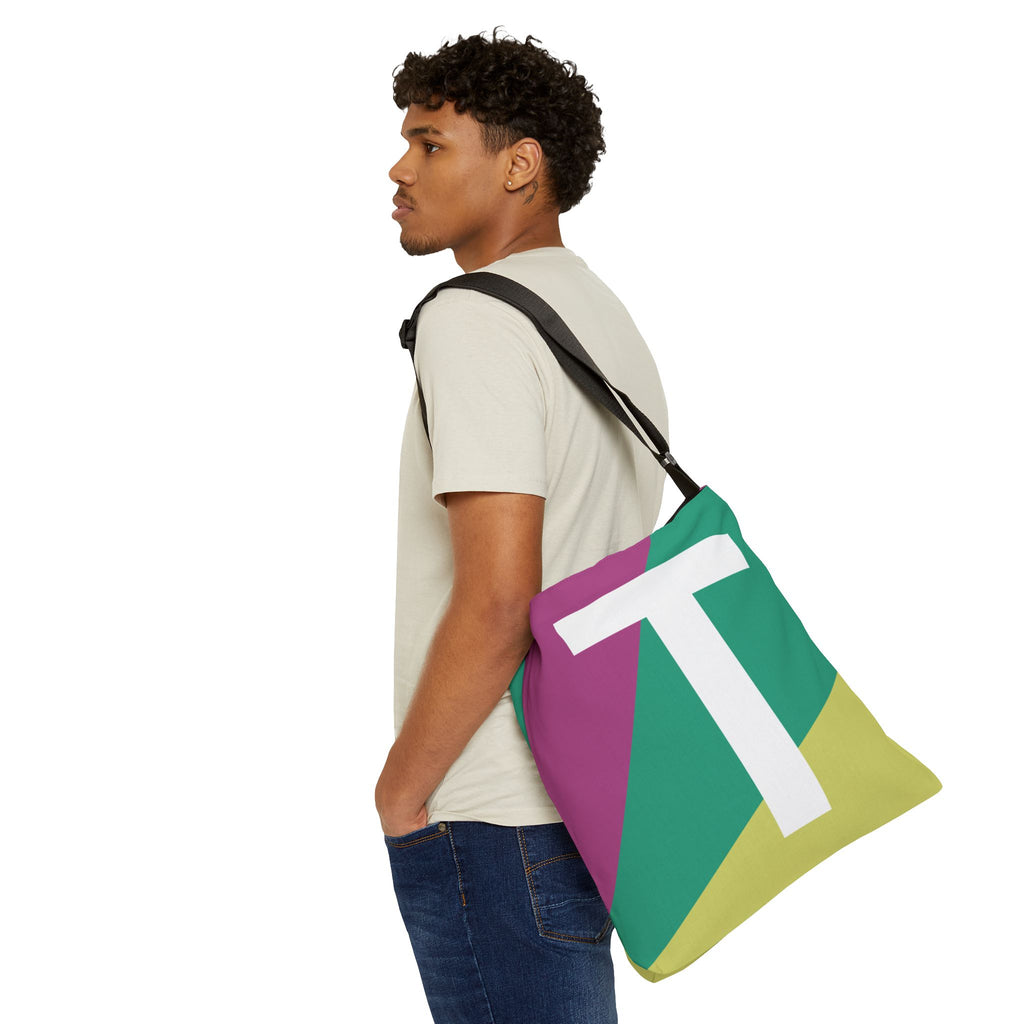 Initial Letter 'T' Colorblock Adjustable Tote Bag — Monogram Alphabet Shoulder Bag