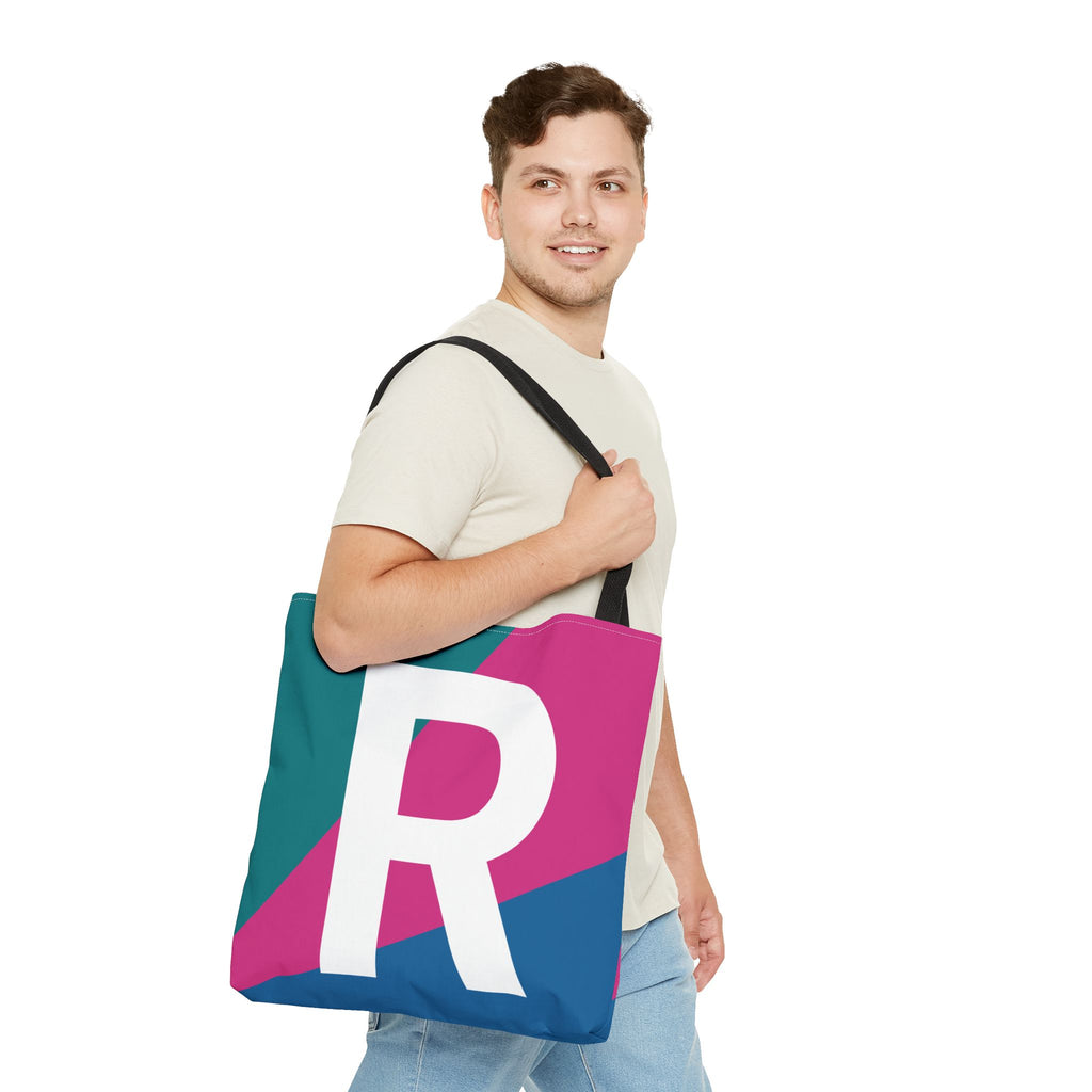 Monogram 'R' Colorblock Tote Bag — Personalized Initial R Shoulder Tote