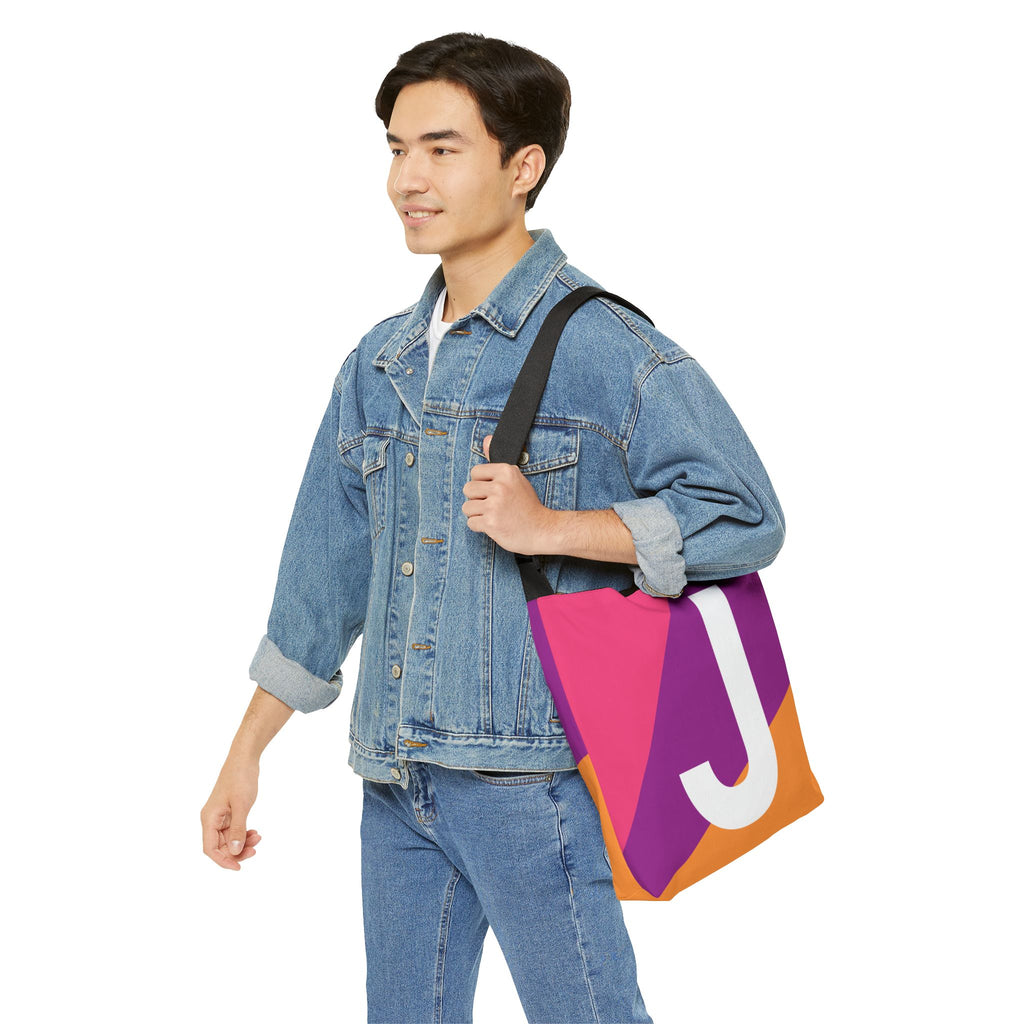 Initial Letter 'J' Colorblock Adjustable Tote Bag — Monogram Alphabet Shoulder Bag