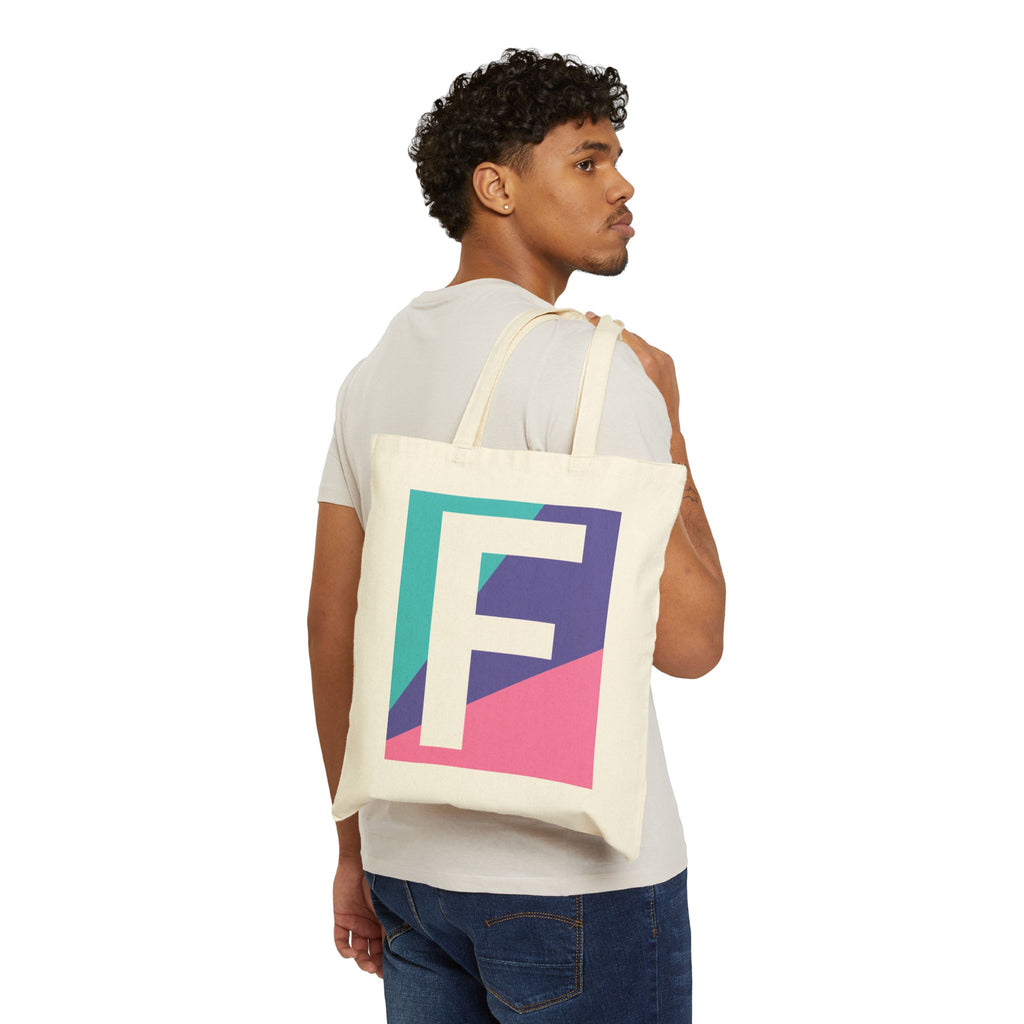 Initial F Colorblock Canvas Tote Bag — Monogram Letter F Reusable Grocery Tote