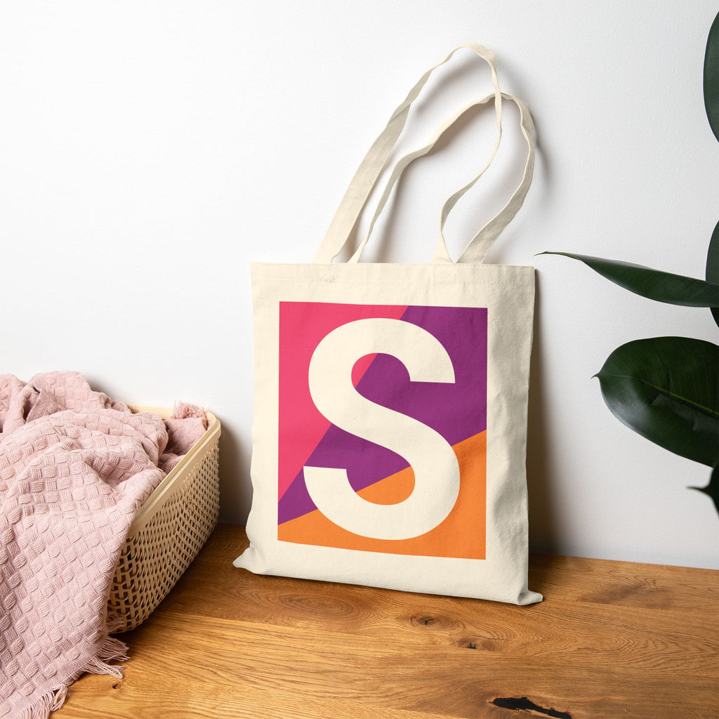 Initial S Colorblock Canvas Tote Bag — Monogram Letter S Reusable Grocery Tote