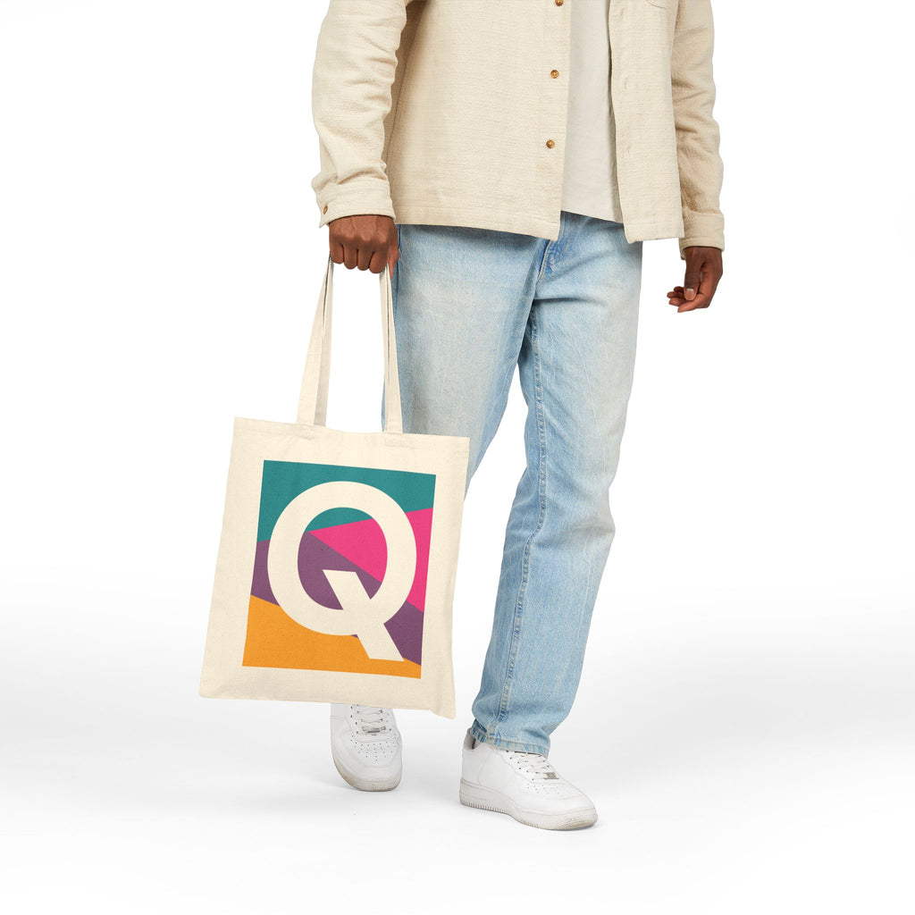 Initial Q Colorblock Canvas Tote Bag — Monogram Letter Q Reusable Grocery Tote