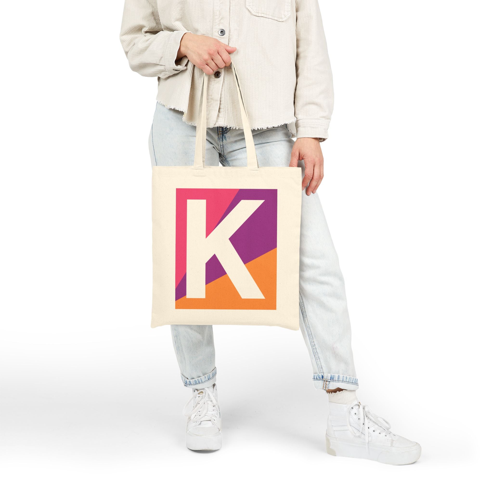 Initial K Colorblock Canvas Tote Bag — Monogram Letter K Reusable Grocery Tote