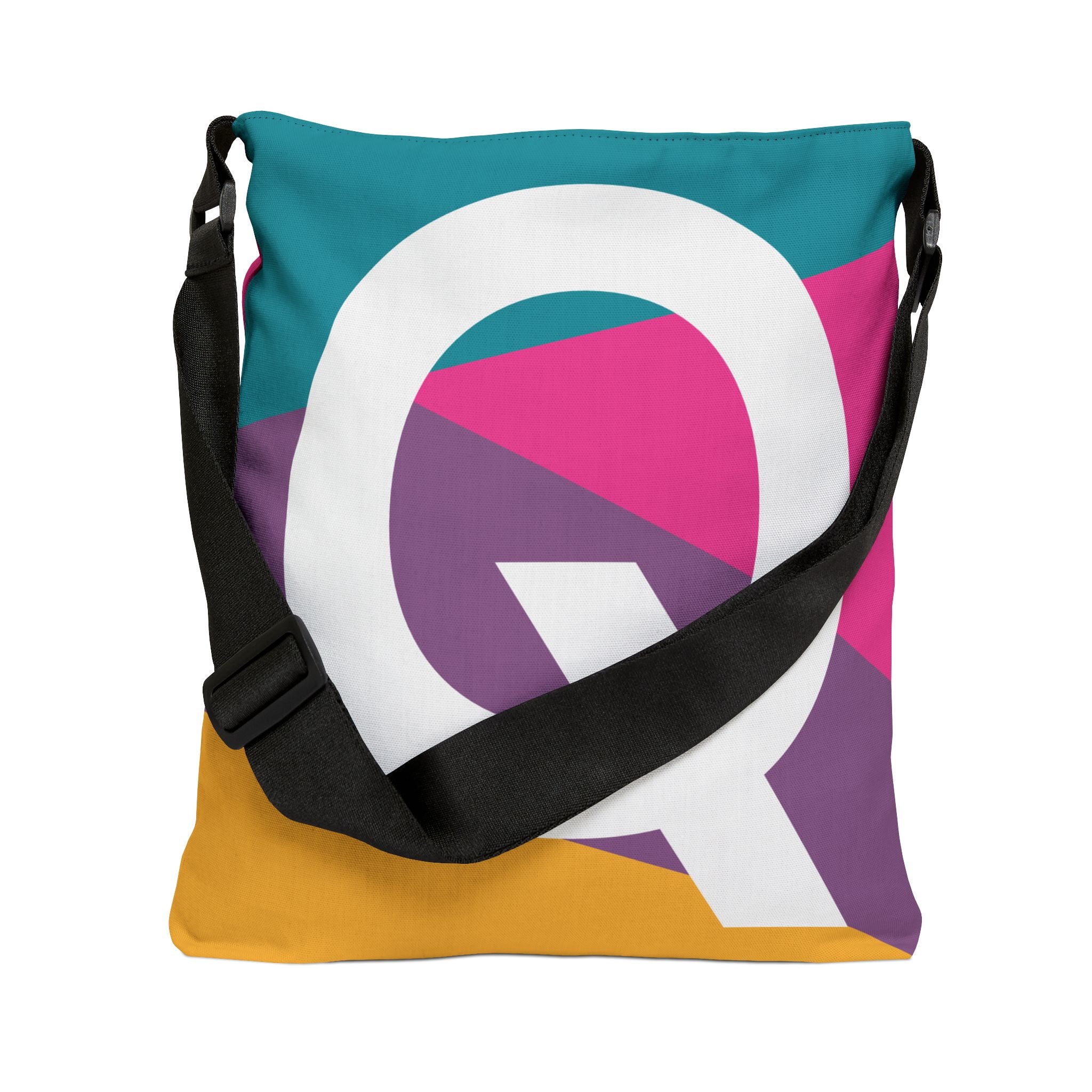Initial Letter 'Q' Colorblock Adjustable Tote Bag — Monogram Alphabet Shoulder Bag