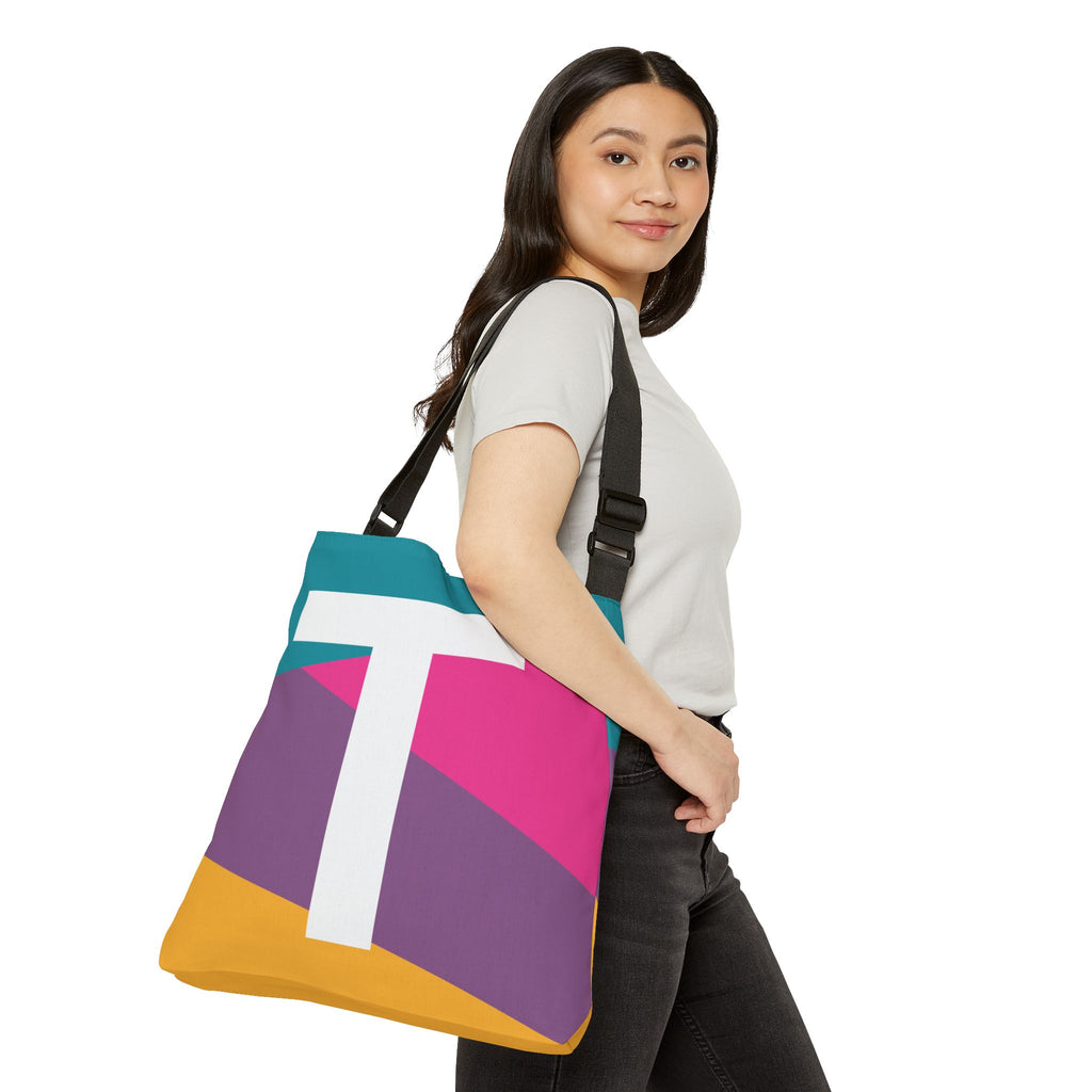 Initial Letter 'T' Colorblock Adjustable Tote Bag — Monogram Alphabet Shoulder Bag