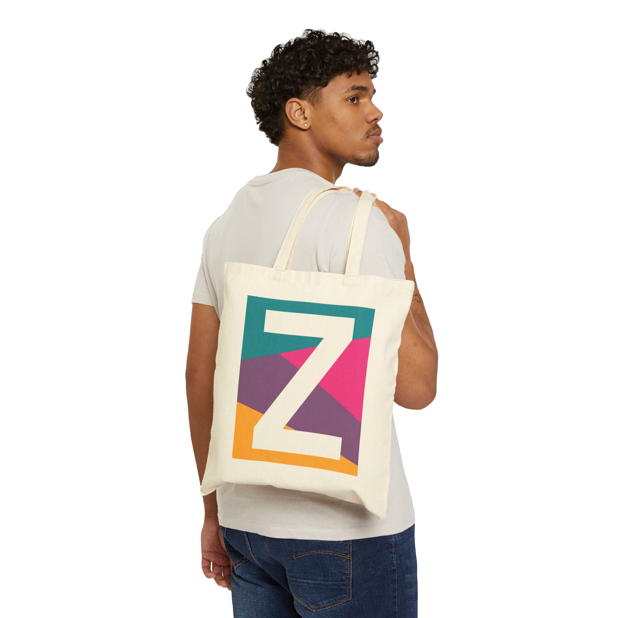 Initial Z Colorblock Canvas Tote Bag — Monogram Letter Z Reusable Grocery Tote