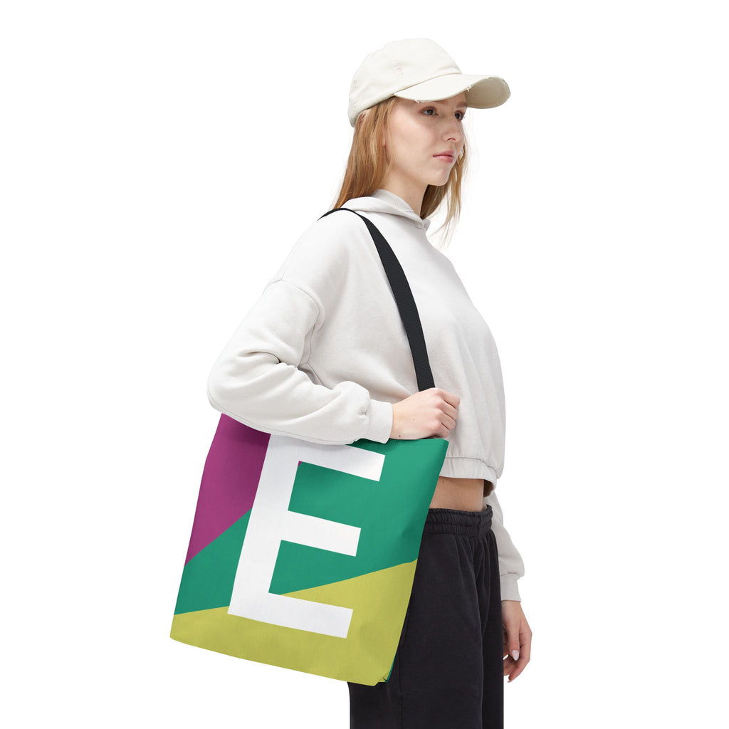 Monogram 'E' Colorblock Tote Bag — Personalized Initial E Shoulder Tote