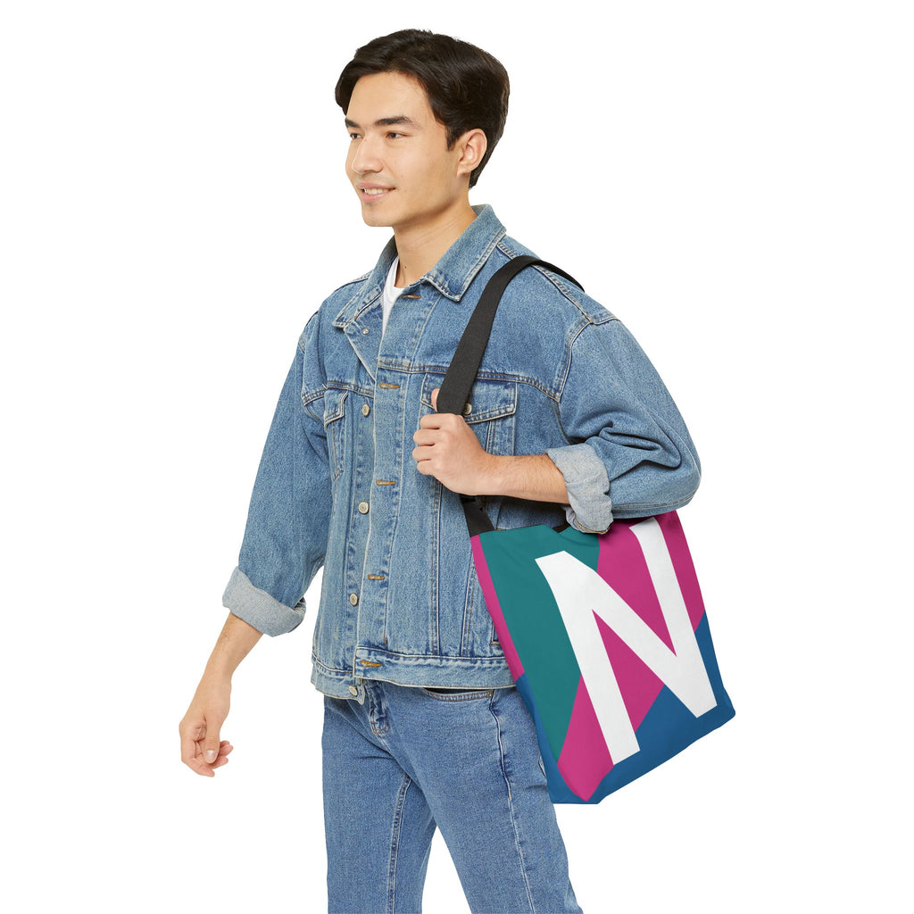 Initial Letter 'N' Colorblock Adjustable Tote Bag — Monogram Alphabet Shoulder Bag