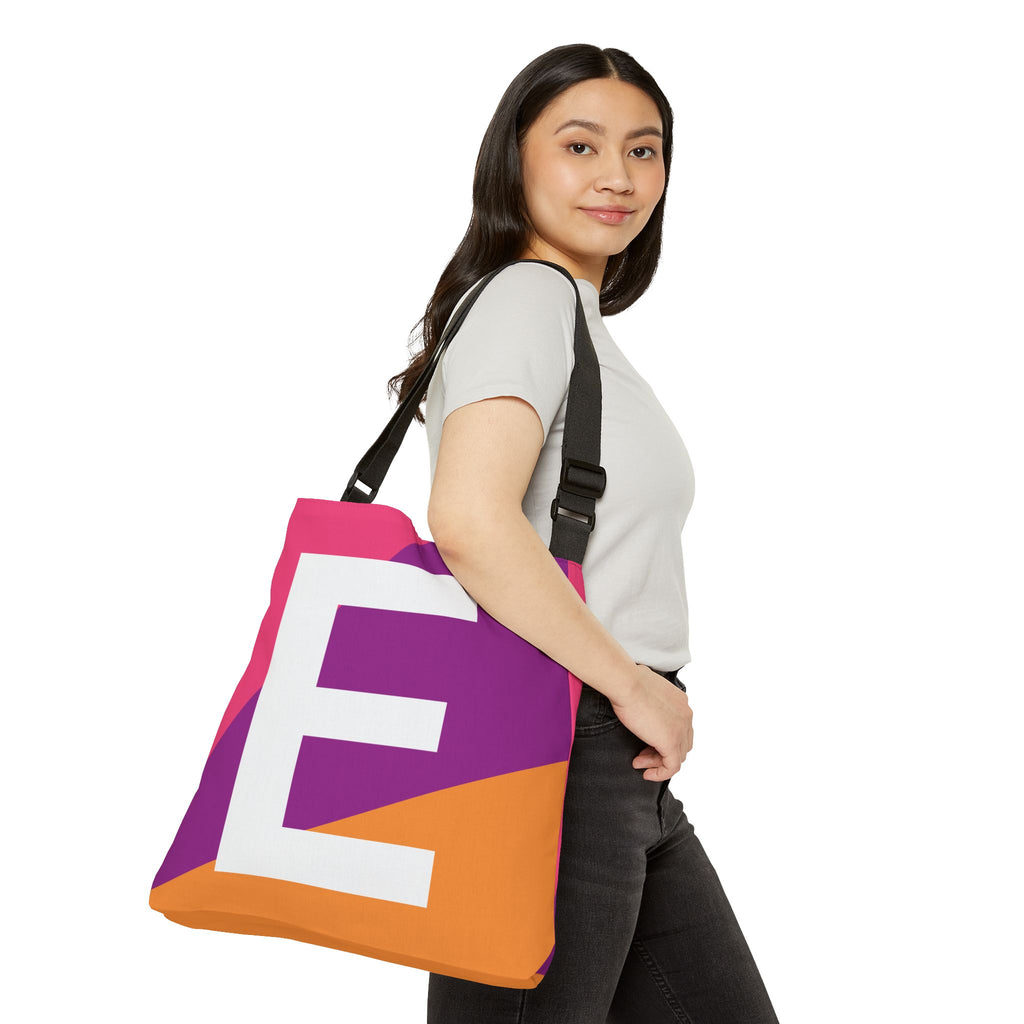 Initial Letter 'E' Colorblock Adjustable Tote Bag — Monogram Alphabet Shoulder Bag