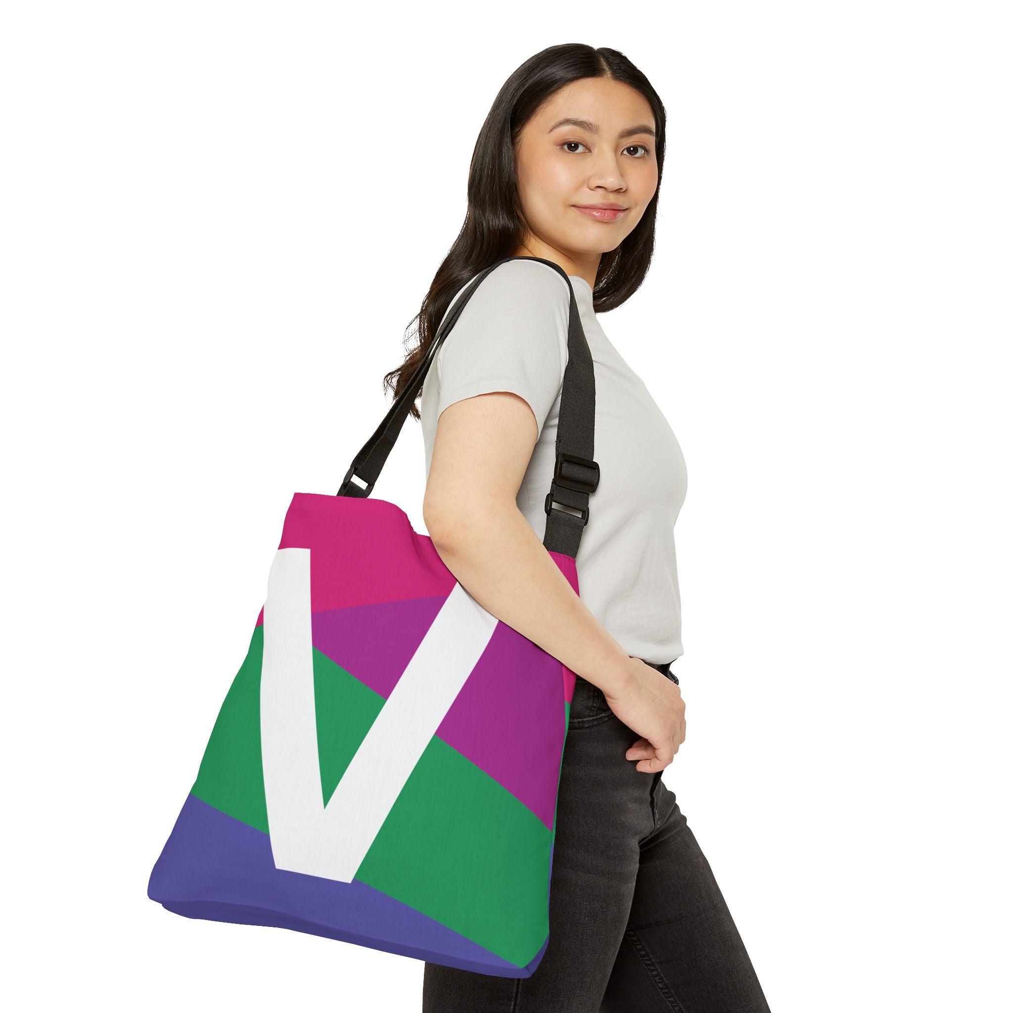 Initial Letter 'V' Colorblock Adjustable Tote Bag — Monogram Alphabet Shoulder Bag
