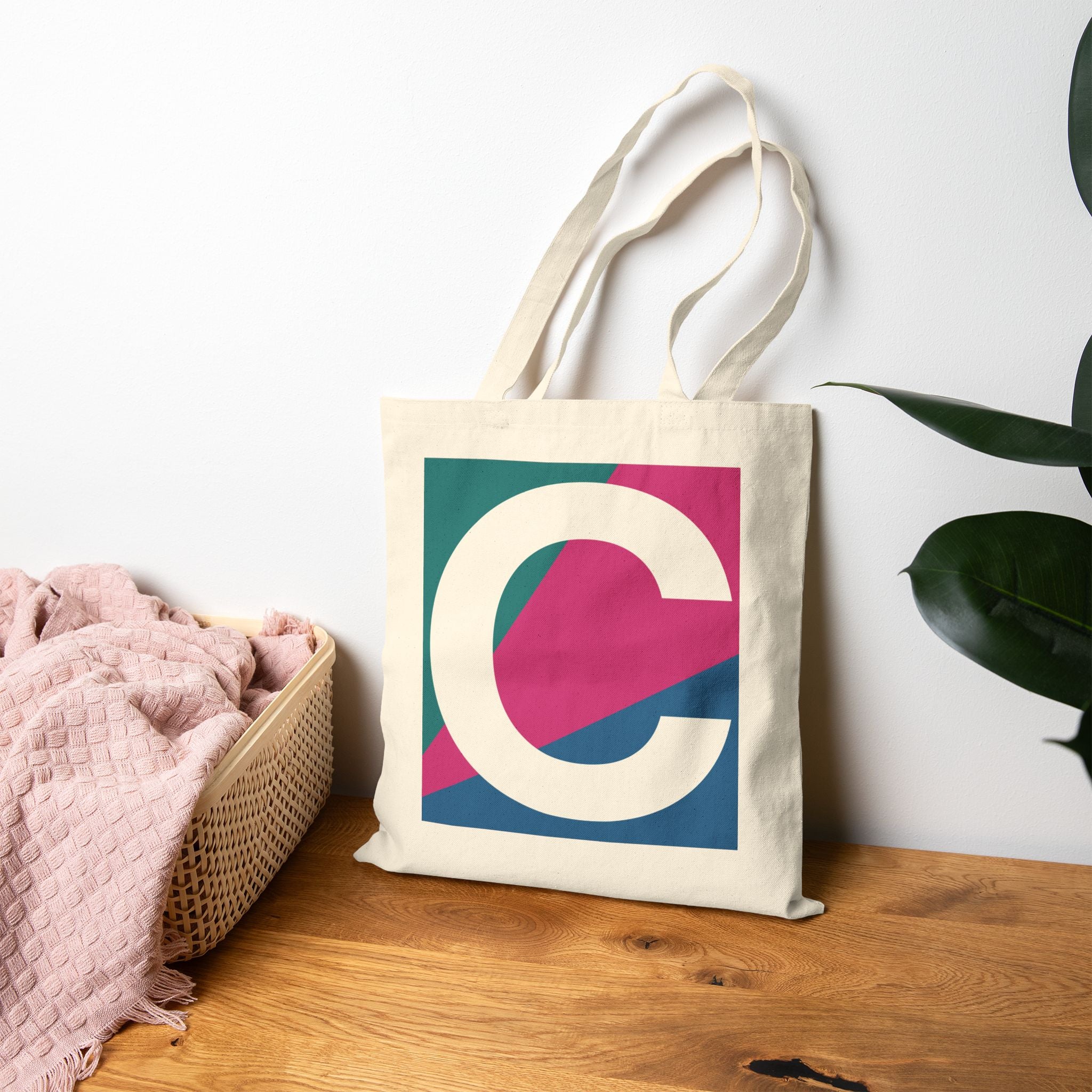 Initial C Colorblock Canvas Tote Bag — Monogram Letter C Reusable Grocery Tote