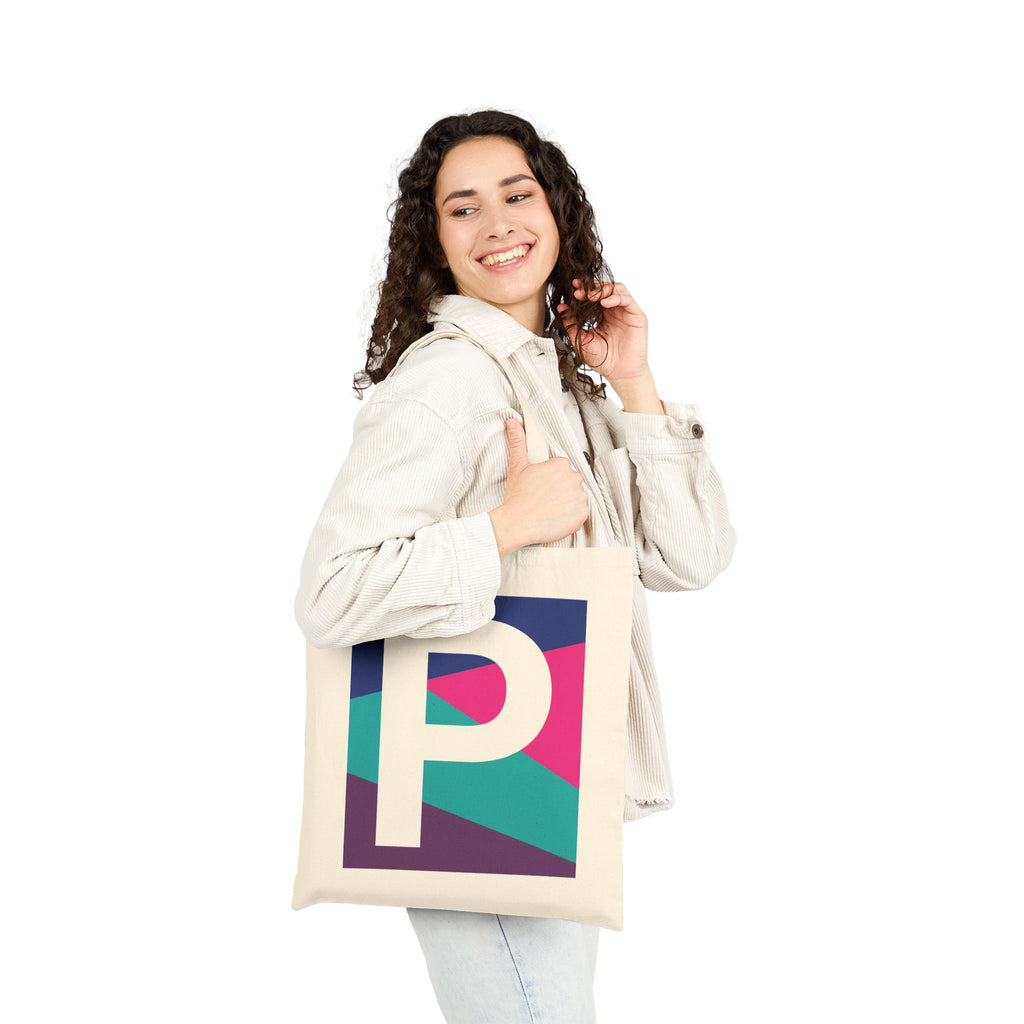 Initial P Colorblock Canvas Tote Bag — Monogram Letter P Reusable Grocery Tote