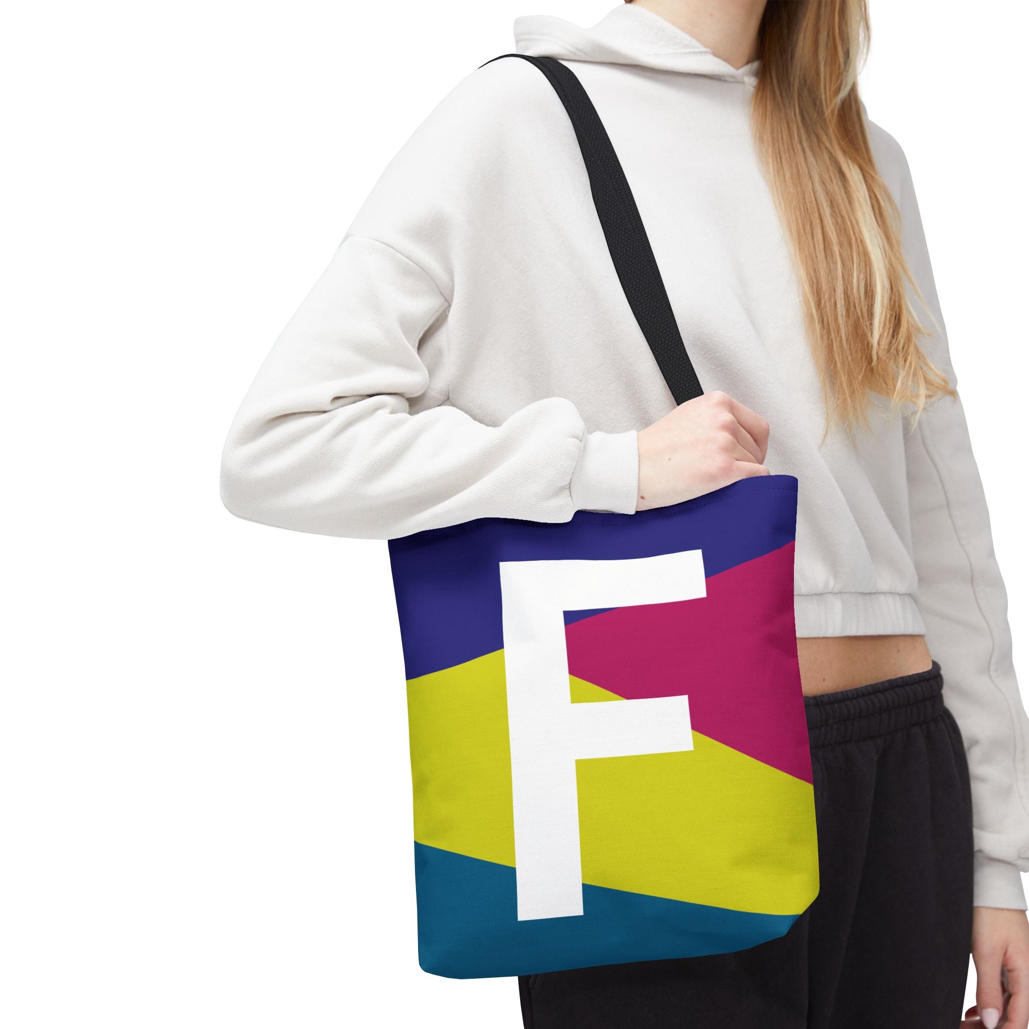 Monogram 'F' Colorblock Tote Bag — Personalized Initial F Shoulder Tote