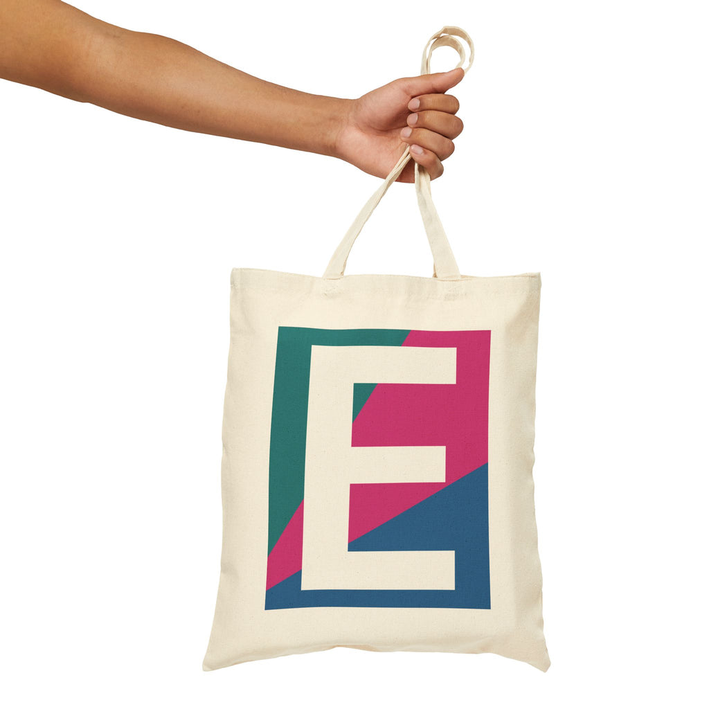 Initial E Colorblock Canvas Tote Bag — Monogram Letter E Reusable Grocery Tote