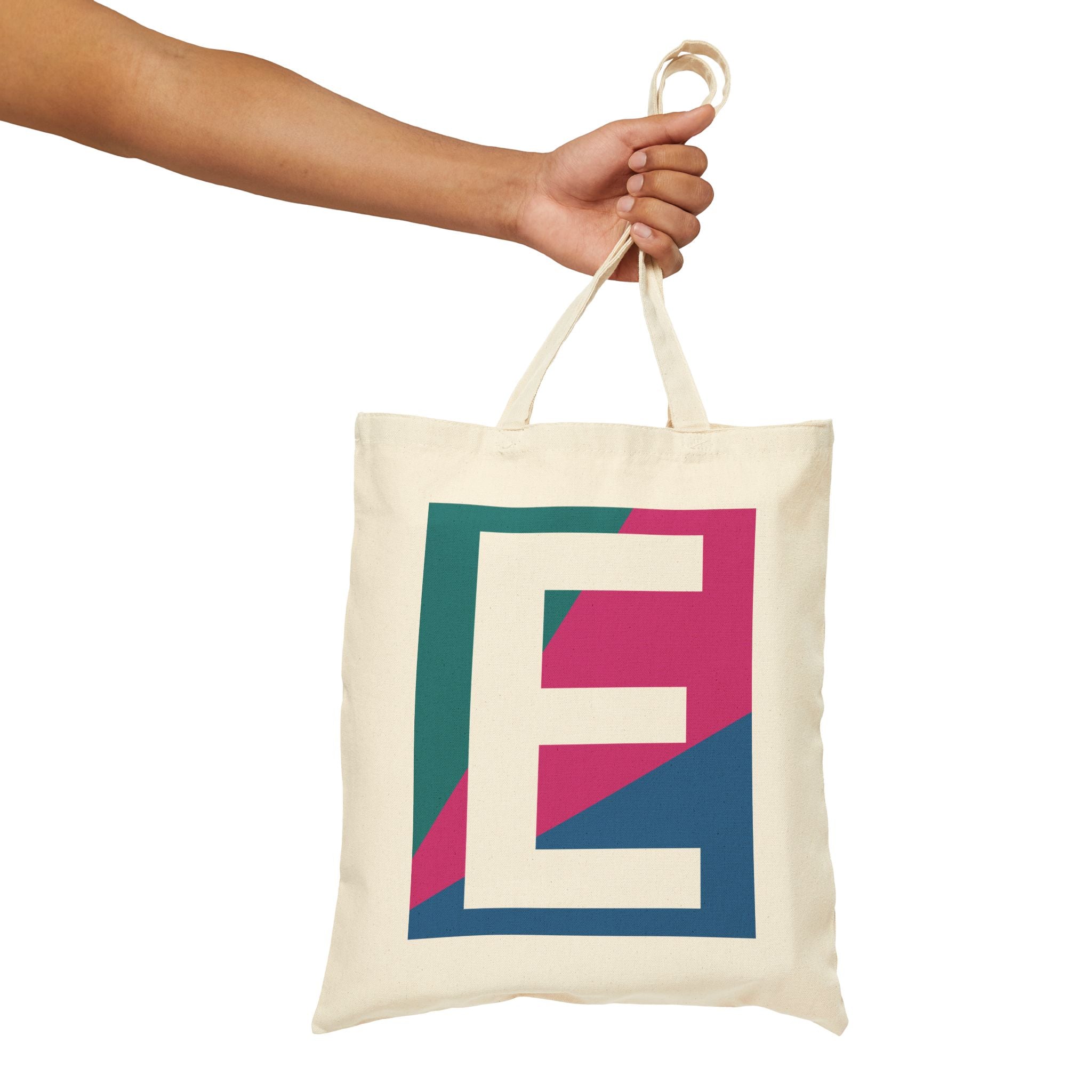 Initial E Colorblock Canvas Tote Bag — Monogram Letter E Reusable Grocery Tote