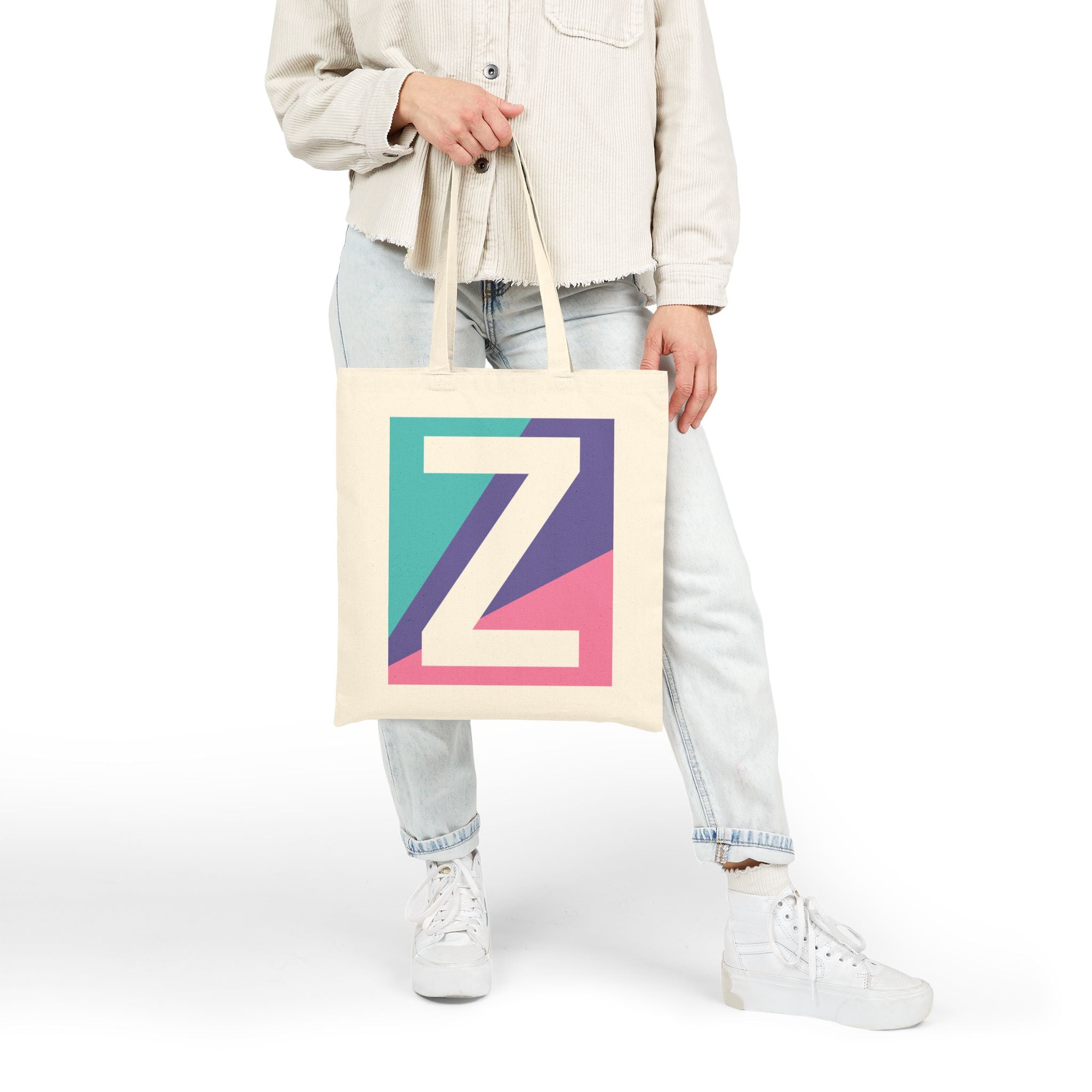 Initial Z Colorblock Canvas Tote Bag — Monogram Letter Z Reusable Grocery Tote