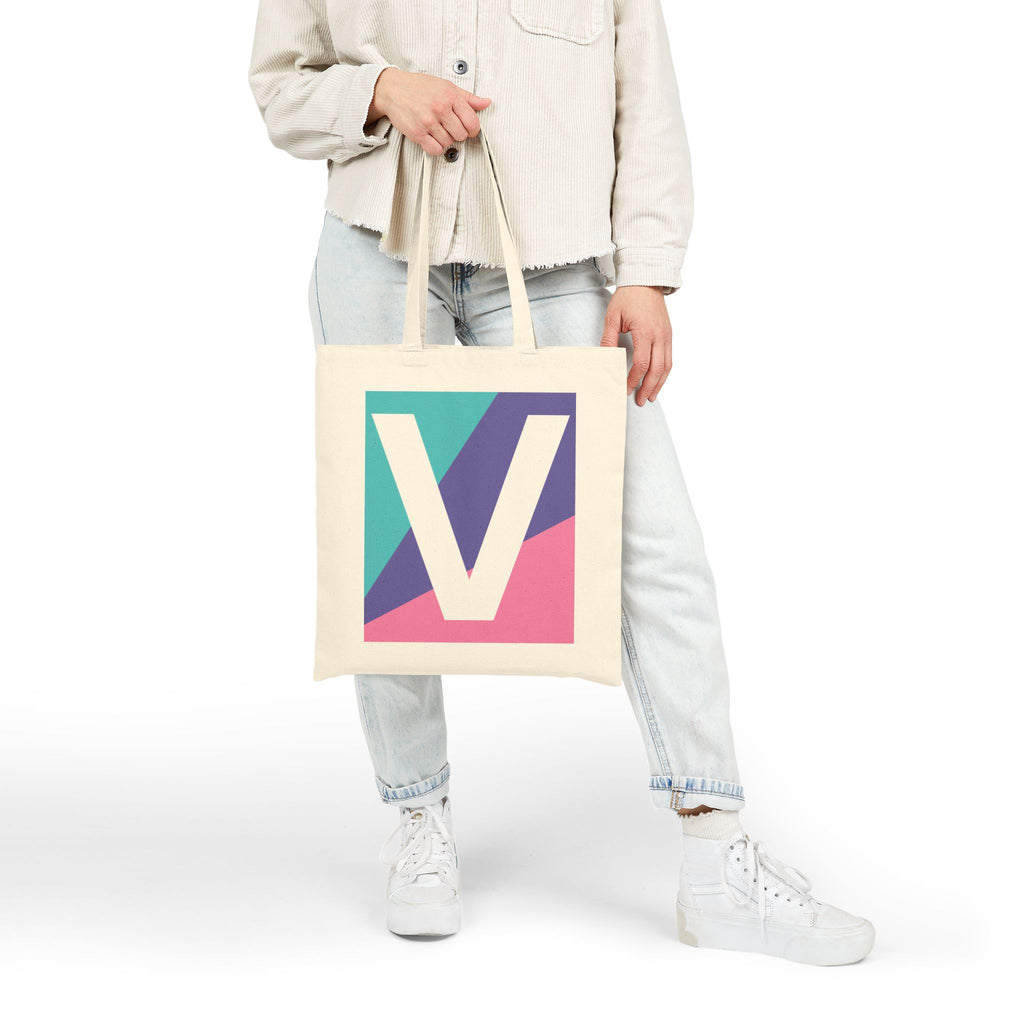Initial V Colorblock Canvas Tote Bag — Monogram Letter V Reusable Grocery Tote