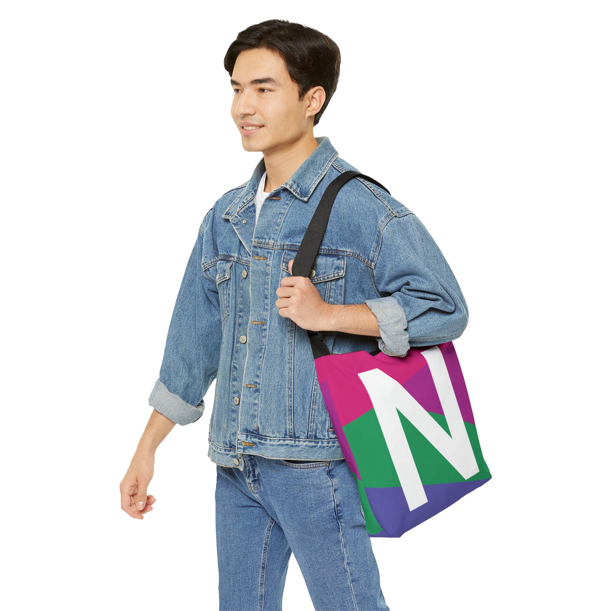 Initial Letter 'N' Colorblock Adjustable Tote Bag — Monogram Alphabet Shoulder Bag