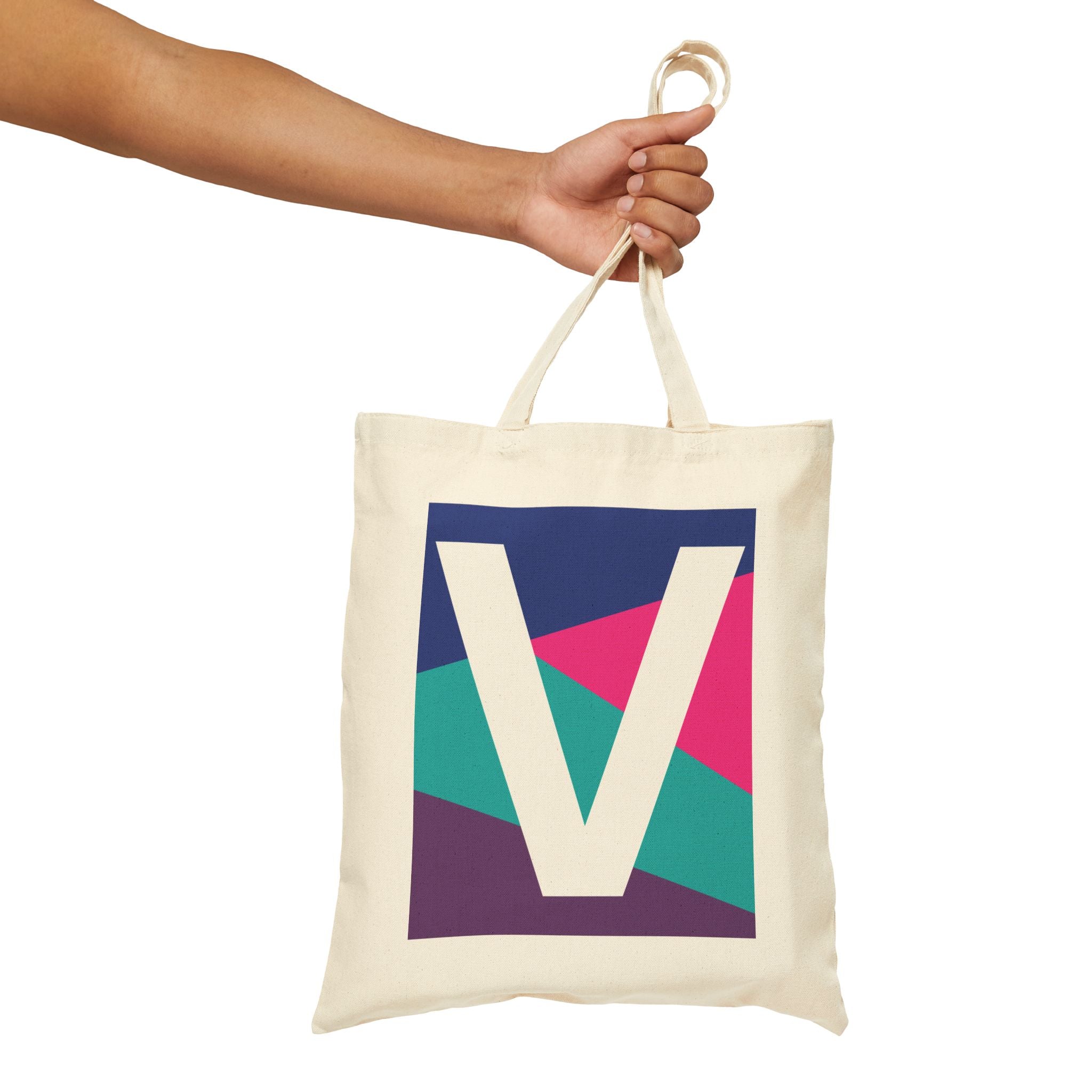 Initial V Colorblock Canvas Tote Bag — Monogram Letter V Reusable Grocery Tote