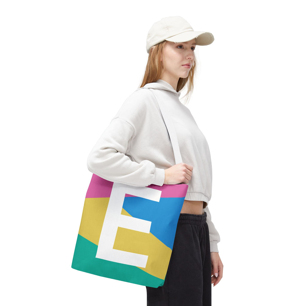 Monogram 'E' Colorblock Tote Bag — Personalized Initial E Shoulder Tote