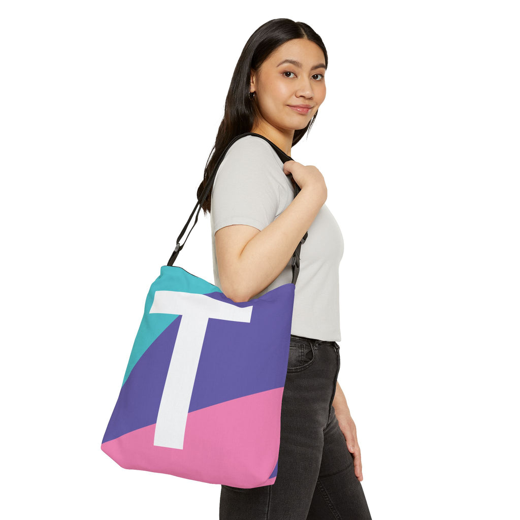 Initial Letter 'T' Colorblock Adjustable Tote Bag — Monogram Alphabet Shoulder Bag