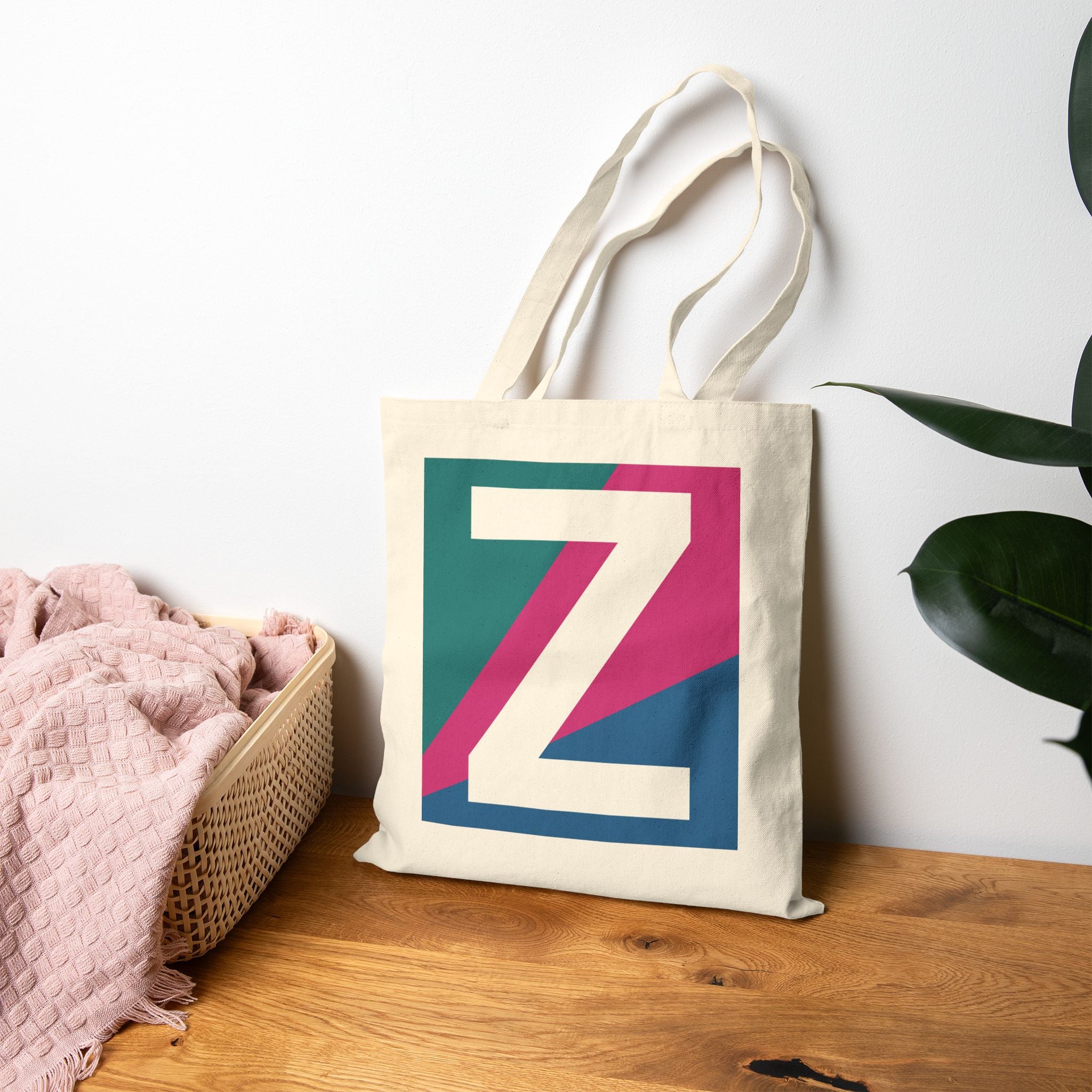 Initial Z Colorblock Canvas Tote Bag — Monogram Letter Z Reusable Grocery Tote