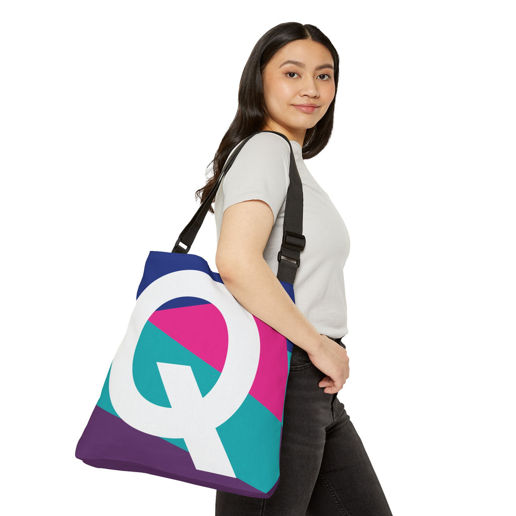 Initial Letter 'Q' Colorblock Adjustable Tote Bag — Monogram Alphabet Shoulder Bag