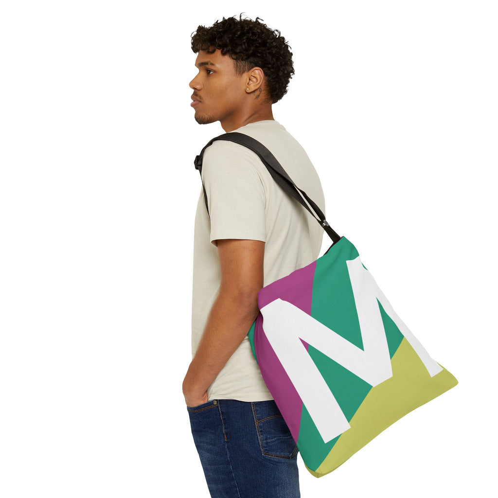 Initial Letter 'M' Colorblock Adjustable Tote Bag — Monogram Alphabet Shoulder Bag