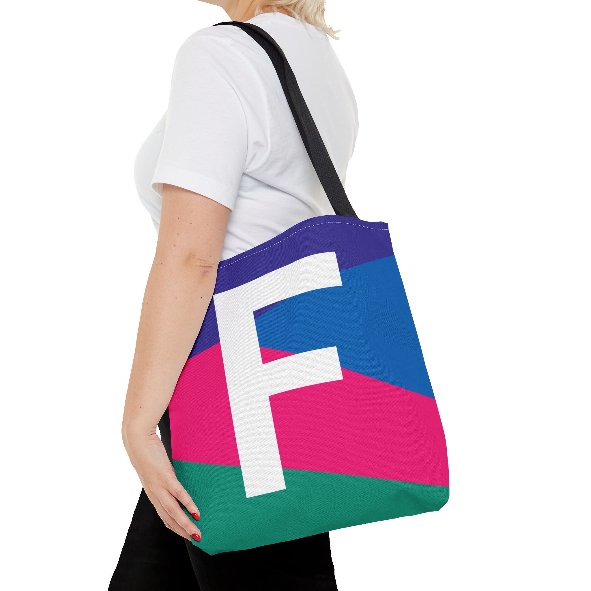 Monogram 'F' Colorblock Tote Bag — Personalized Initial F Shoulder Tote