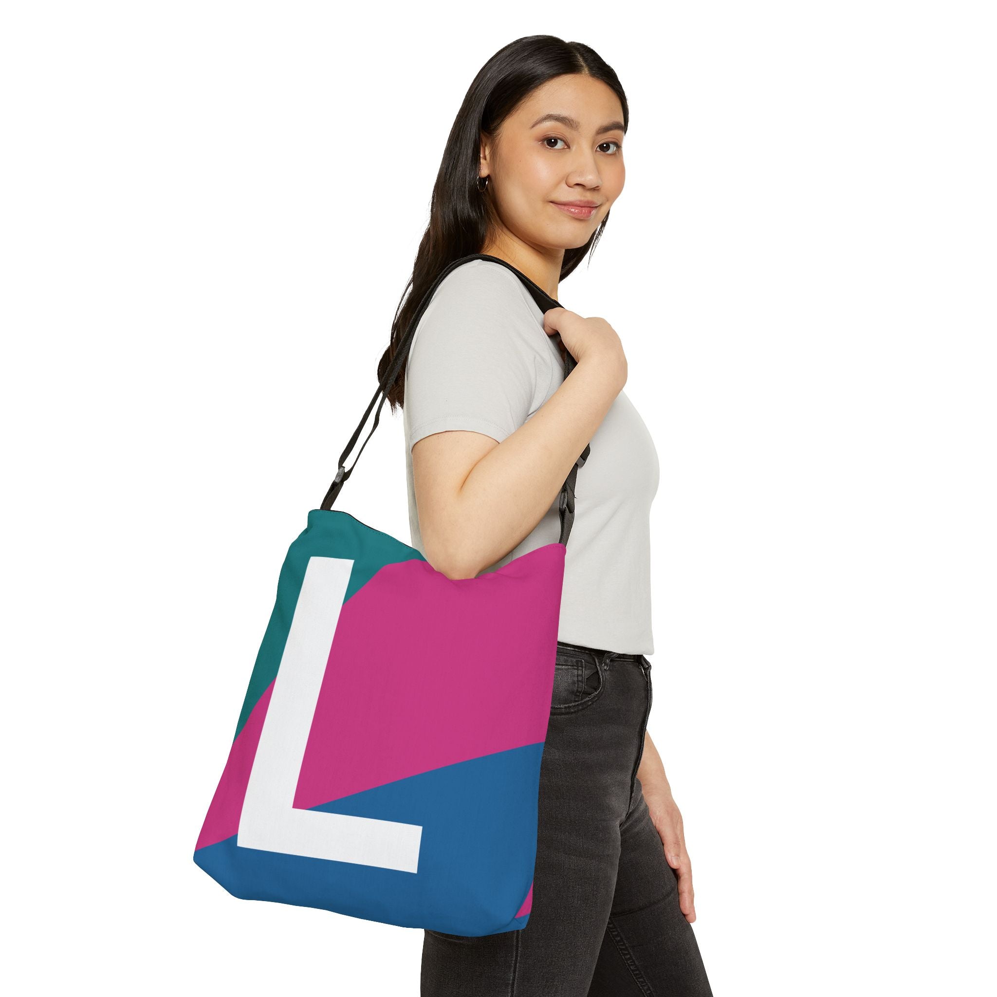 Initial Letter 'L' Colorblock Adjustable Tote Bag — Monogram Alphabet Shoulder Bag