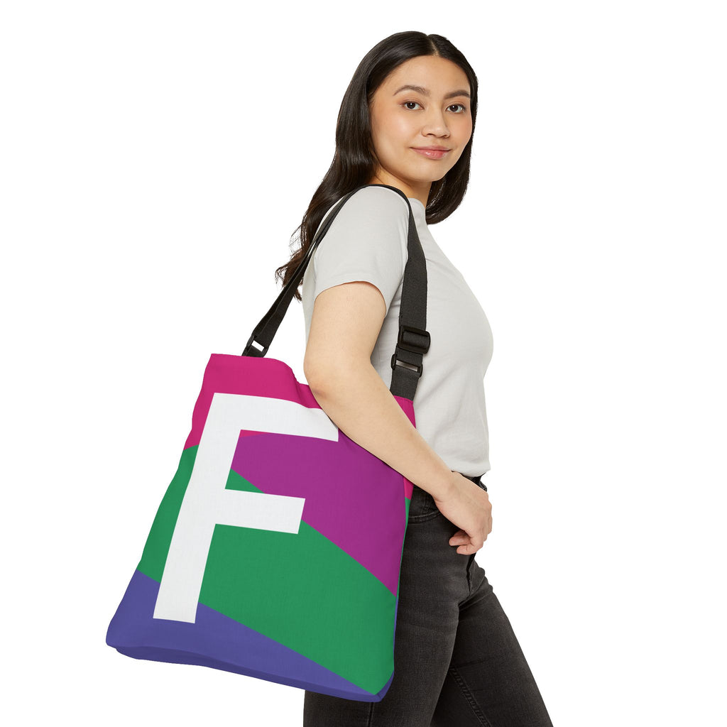 Initial Letter 'F' Colorblock Adjustable Tote Bag — Monogram Alphabet Shoulder Bag