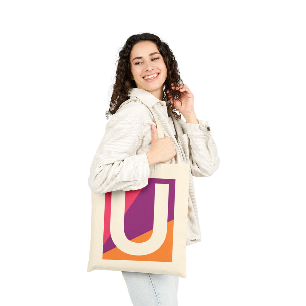 Initial U Colorblock Canvas Tote Bag — Monogram Letter U Reusable Grocery Tote