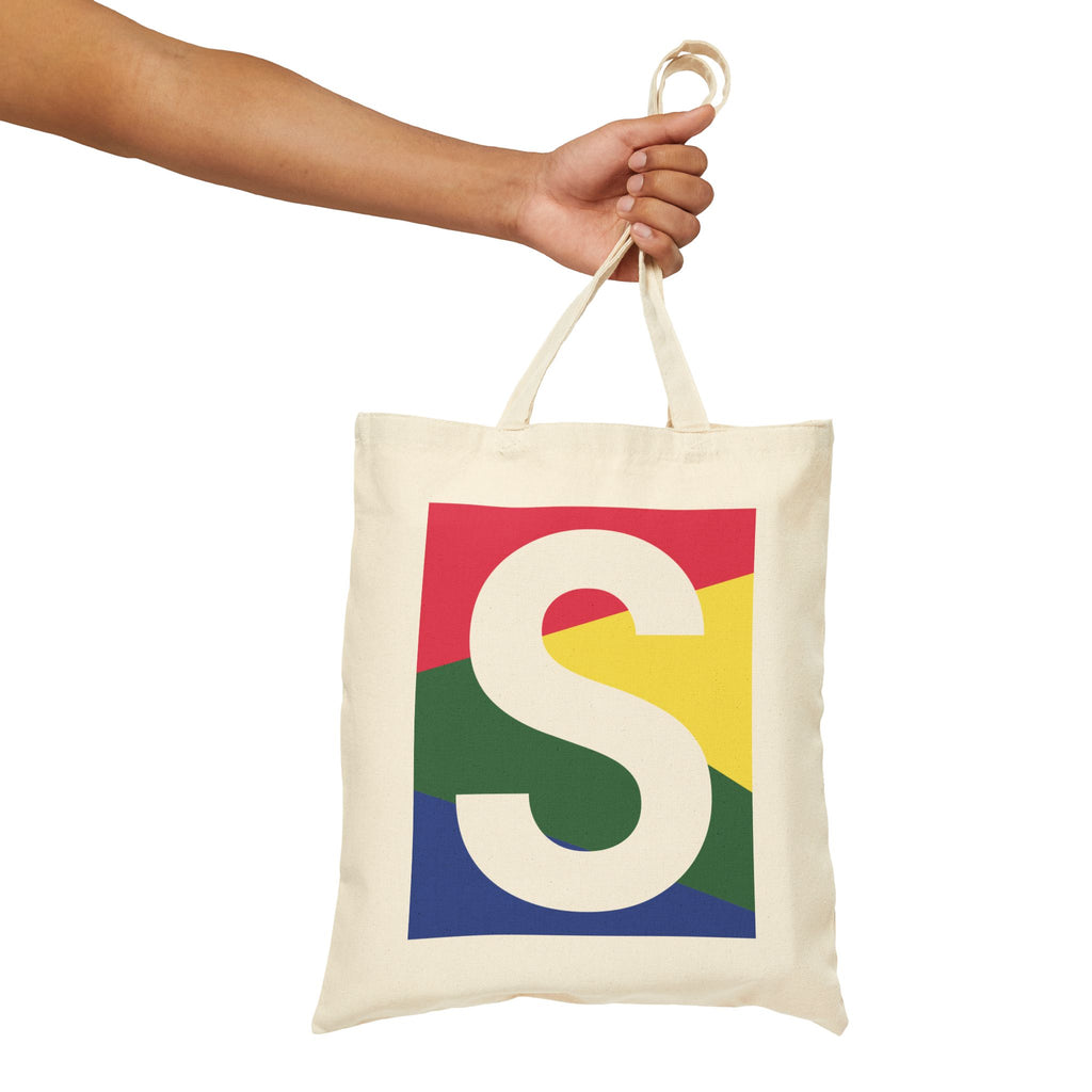 Initial S Colorblock Canvas Tote Bag — Monogram Letter S Reusable Grocery Tote