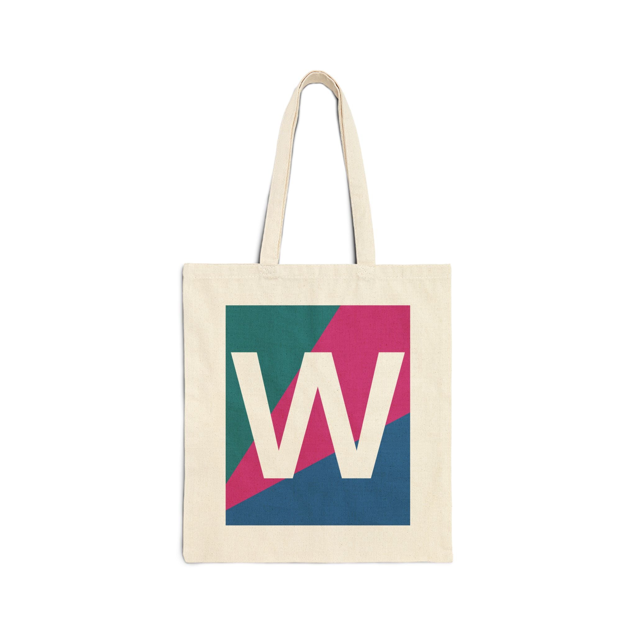 Initial W Colorblock Canvas Tote Bag — Monogram Letter W Reusable Grocery Tote